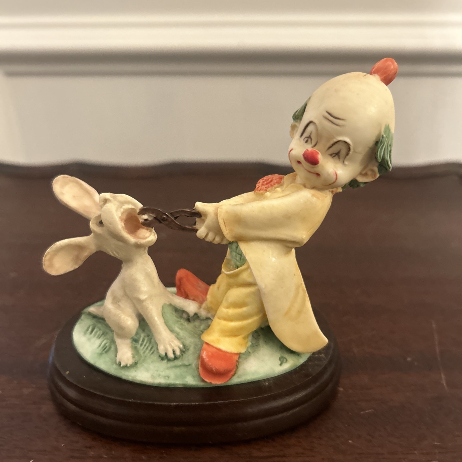 VINTAGE SATIS-5 Resin Dentist Clown Pulling Rabbit Tooth Figurine w/ Wood Base