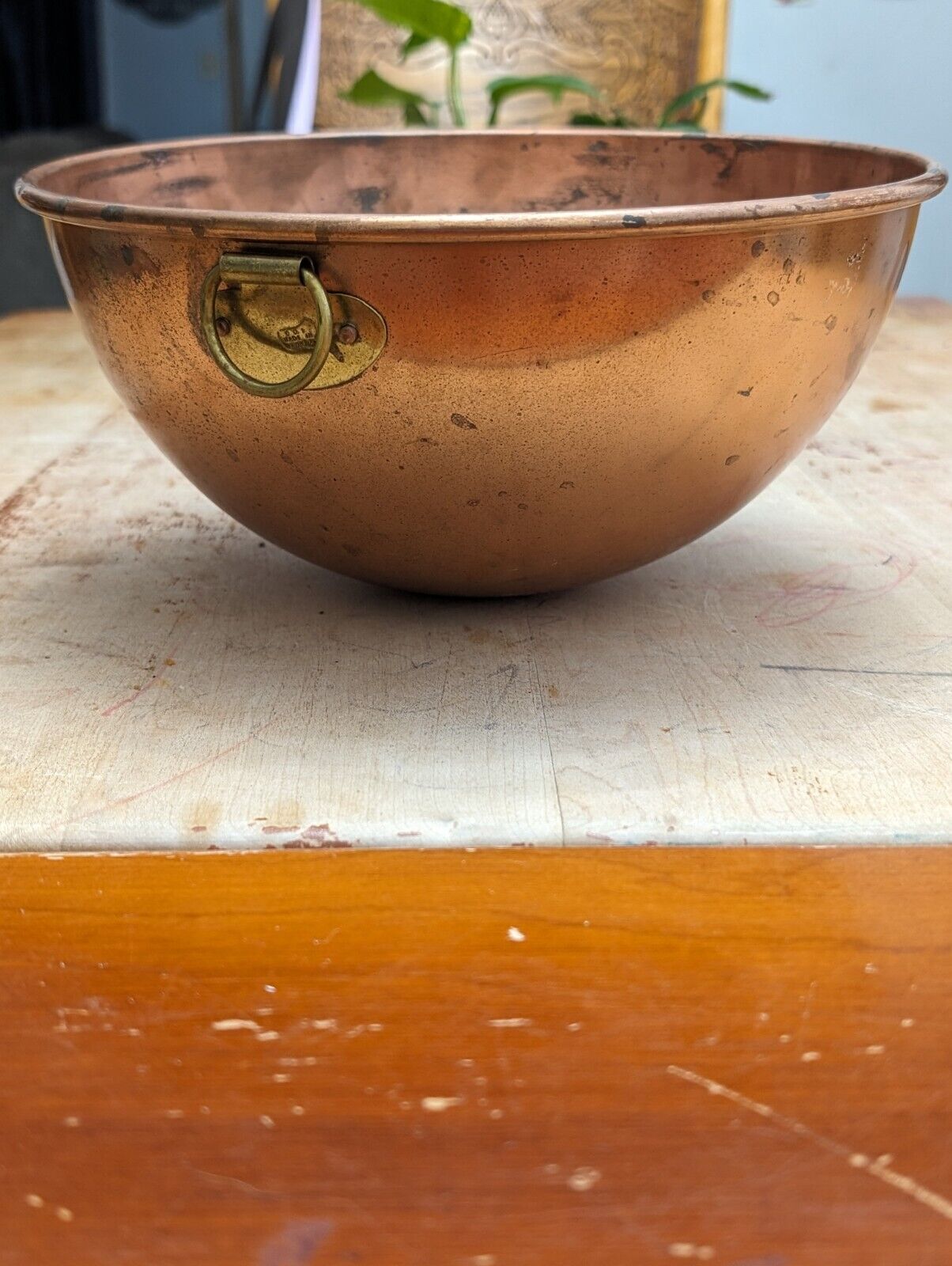 Primitive Copper Bowl Rolled Edge Brass Ring VTG Farmhouse Country Patina 10\