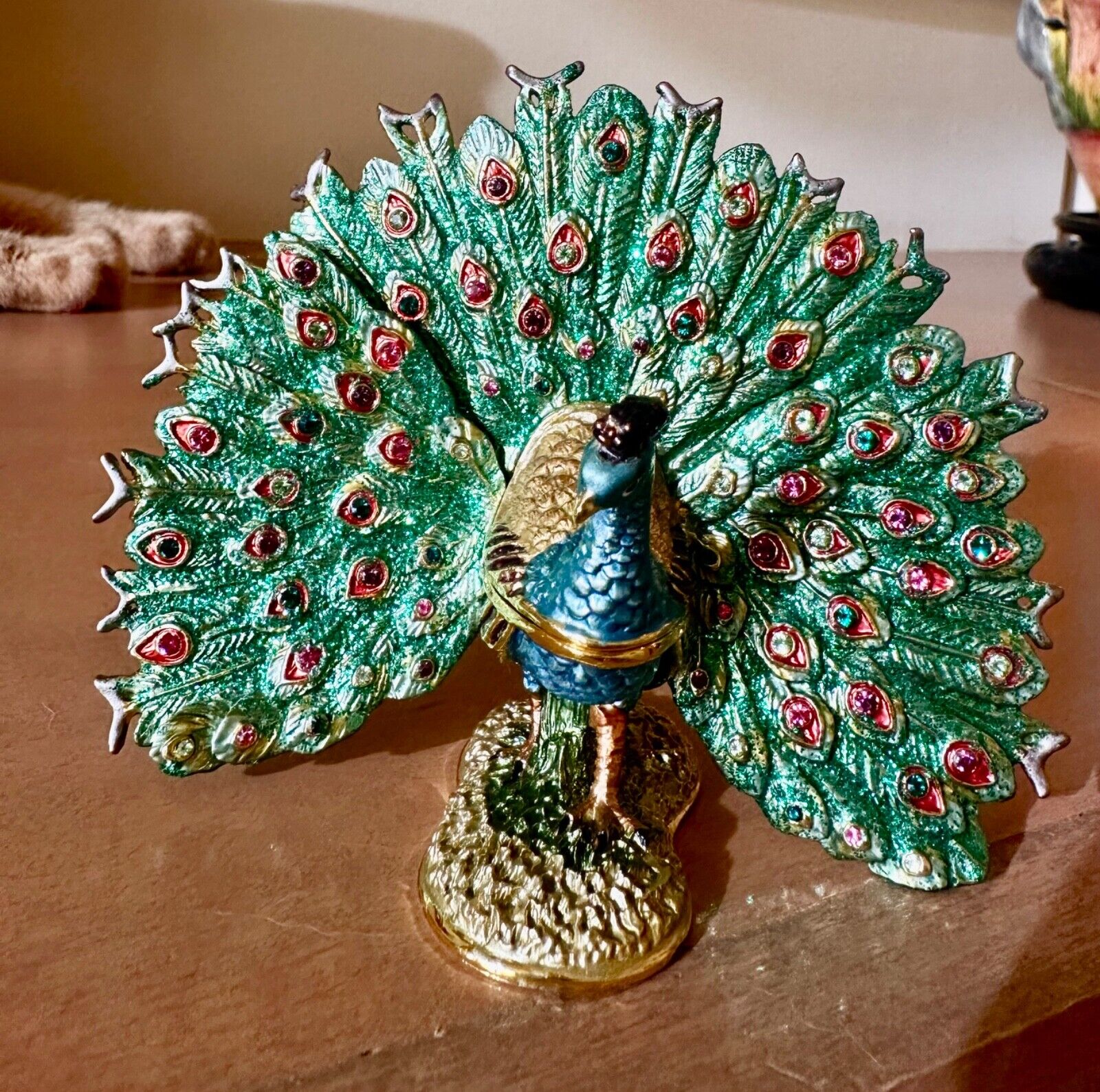Gorgeous Enamel Bejeweled Peacock Trinket hinged box