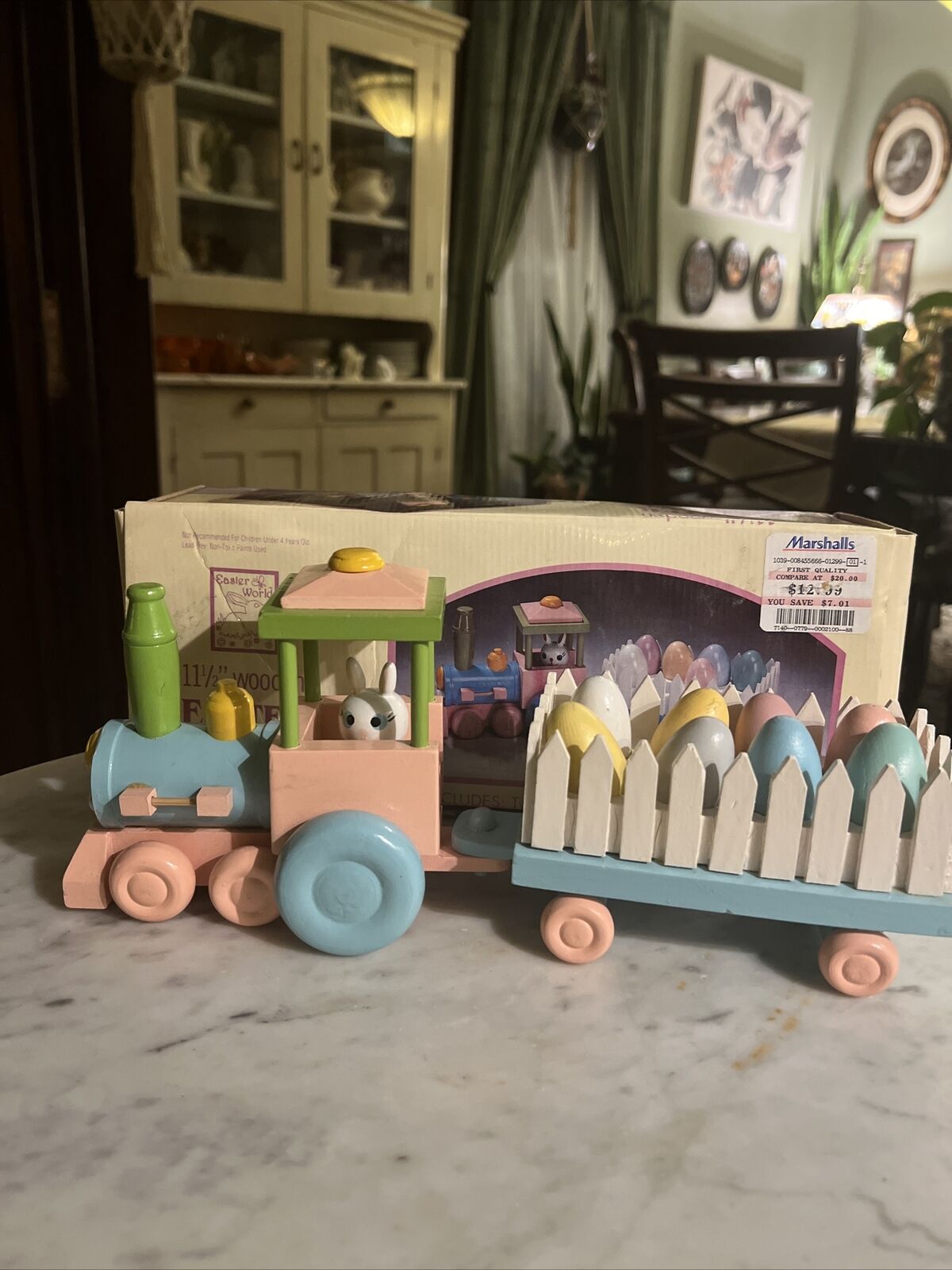 Wooden Easter Bunny Train ~ 8 Eggs & Figure ~Miniature Home Decor Holiday Pastel