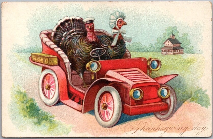 c1910s Tuck's THANKSGIVING Embossed Postcard / Turkey Couple in Red Automobile