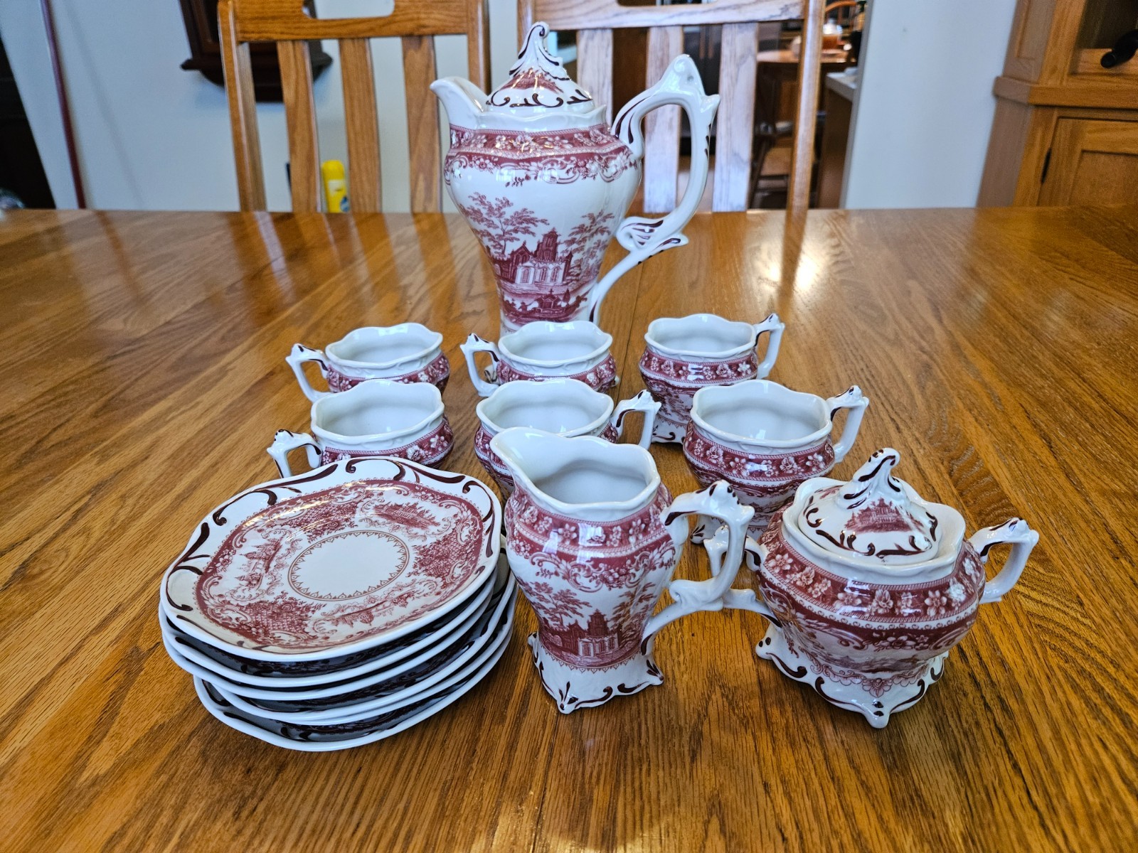 Vintage Burton & Burton Red Toile Pedestal Tea Set - Discontinued Vintage Burton & Burton Red Toile Pedestal Tea Set - Discontinued