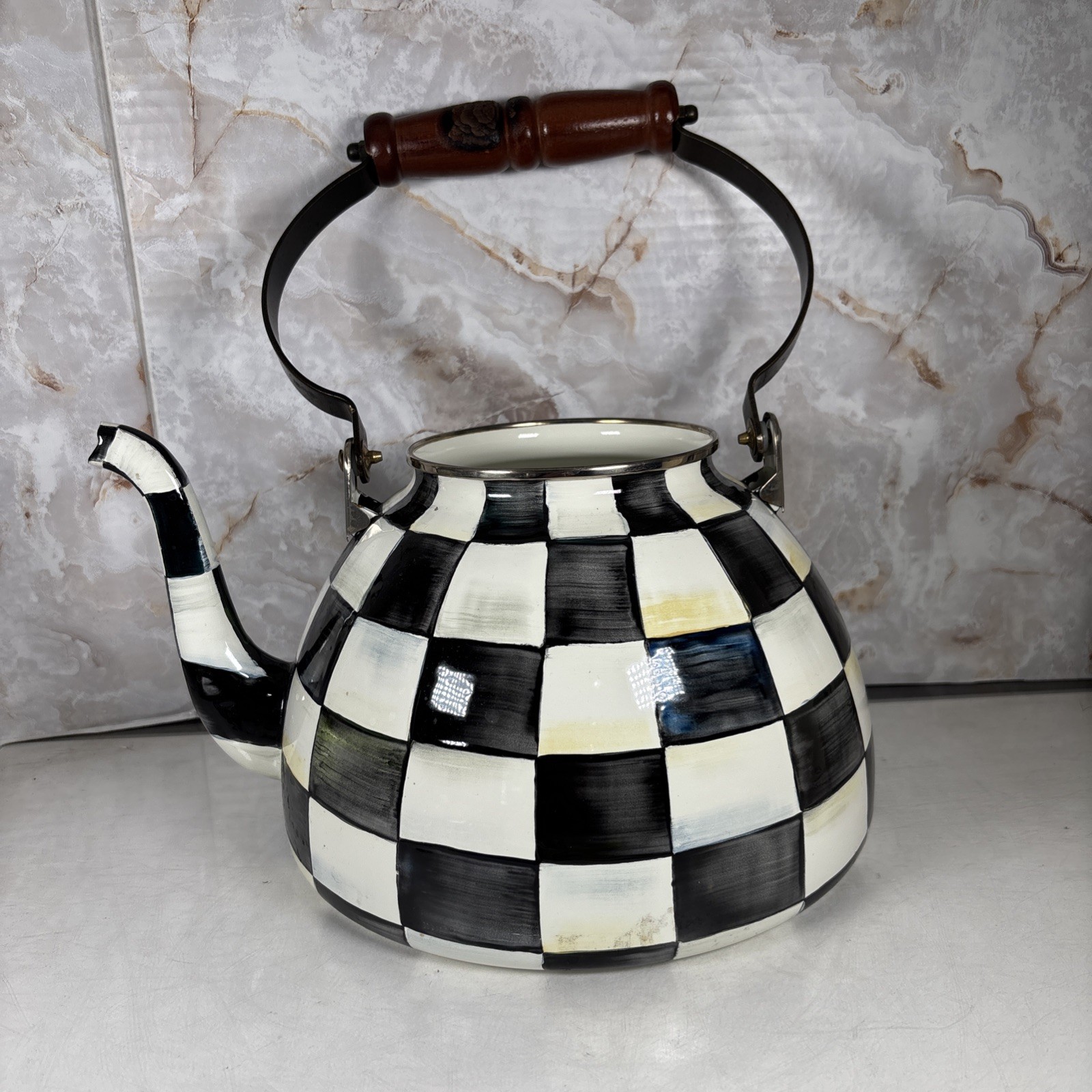Mackenzie Childs 2.5 Quart Tea Kettle Courtly Check Wooden Handle Damaged No Lid