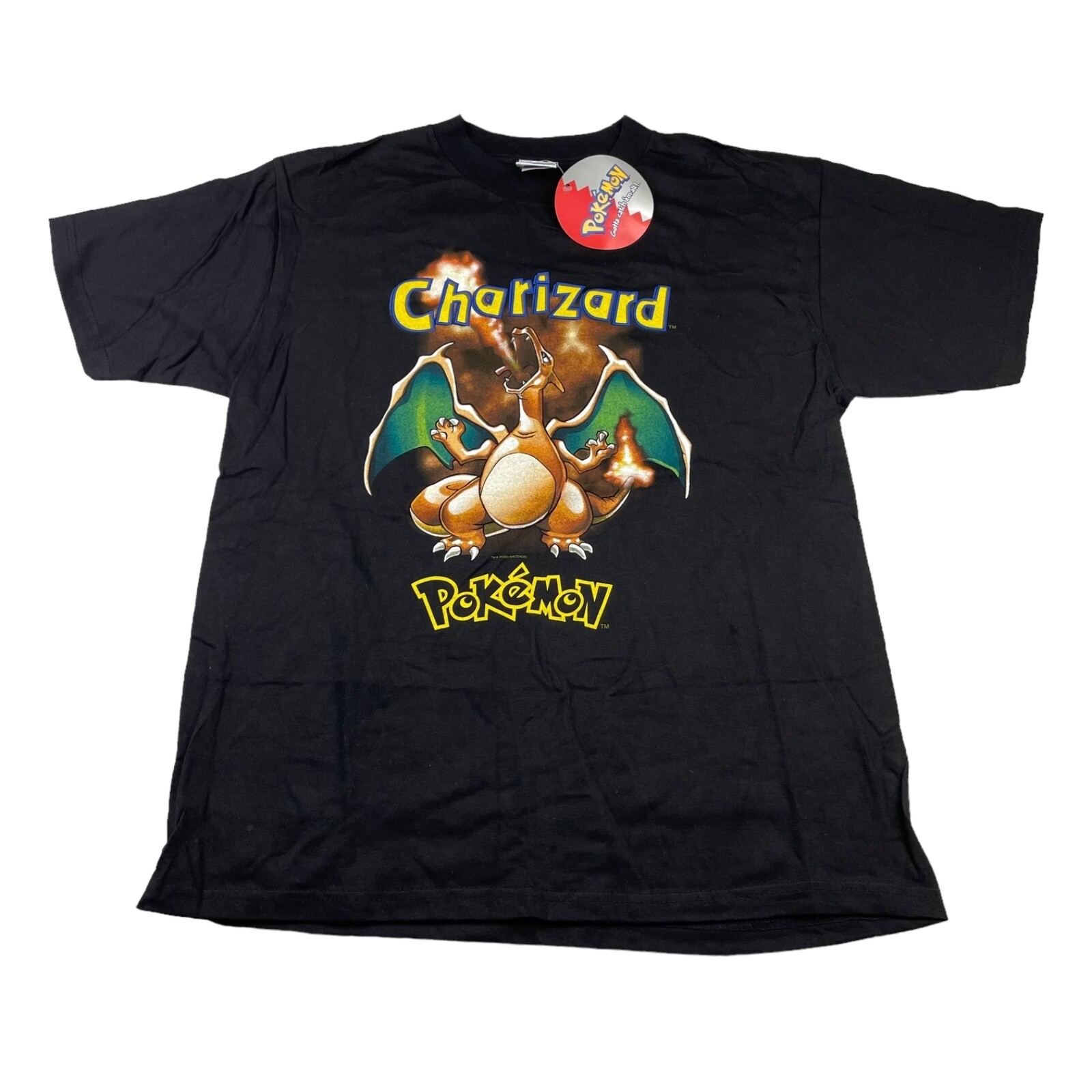 VTG NEW 1999 Pokemon Charizard Flame Men's 100% Cotton S/S T-Shirt Black • Small