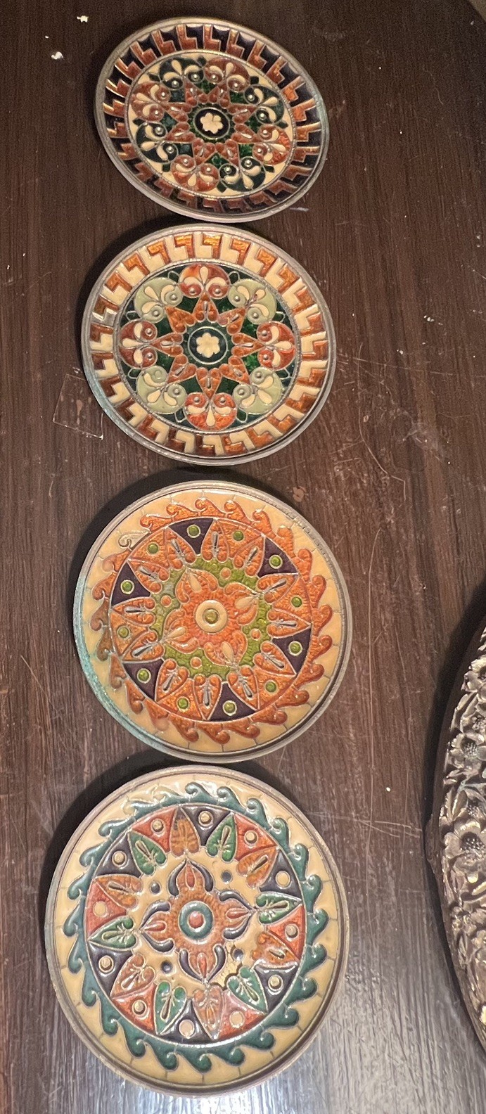 4 Vintage Mid-Century Byzantine Cloisonne Enamel Brass Mini Trinket Wall Plates