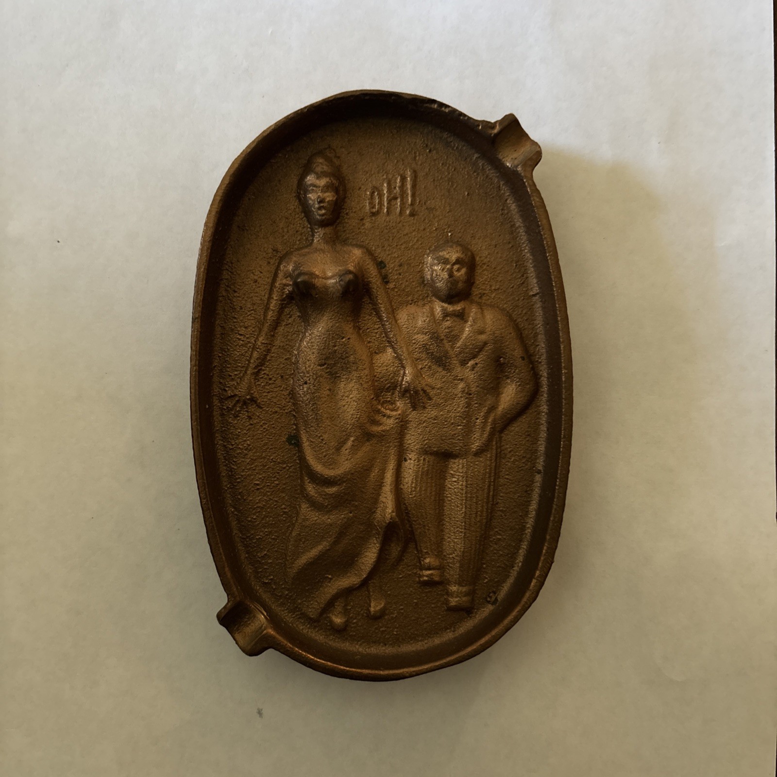 Vintage Mid 20th Century Naughty & Risqué Two-Sided Embossed Bronze Ashtray