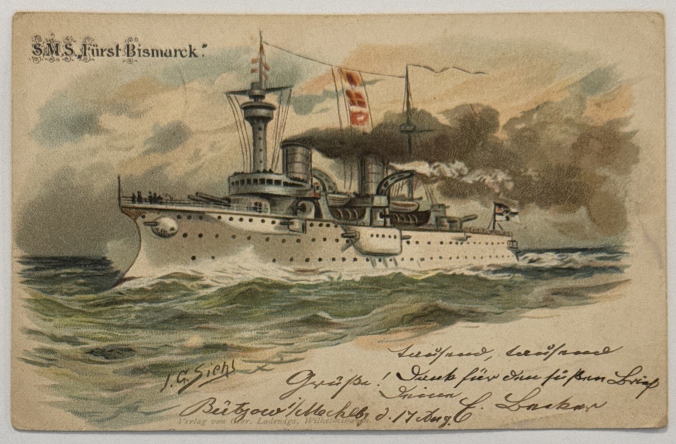 SMS Furst Bismark German Armored Cruiser c1899 Artist Signed Antique Postcard SMS Furst Bismark German Armored Cruiser c1899 Artist Signed Antique Postcard