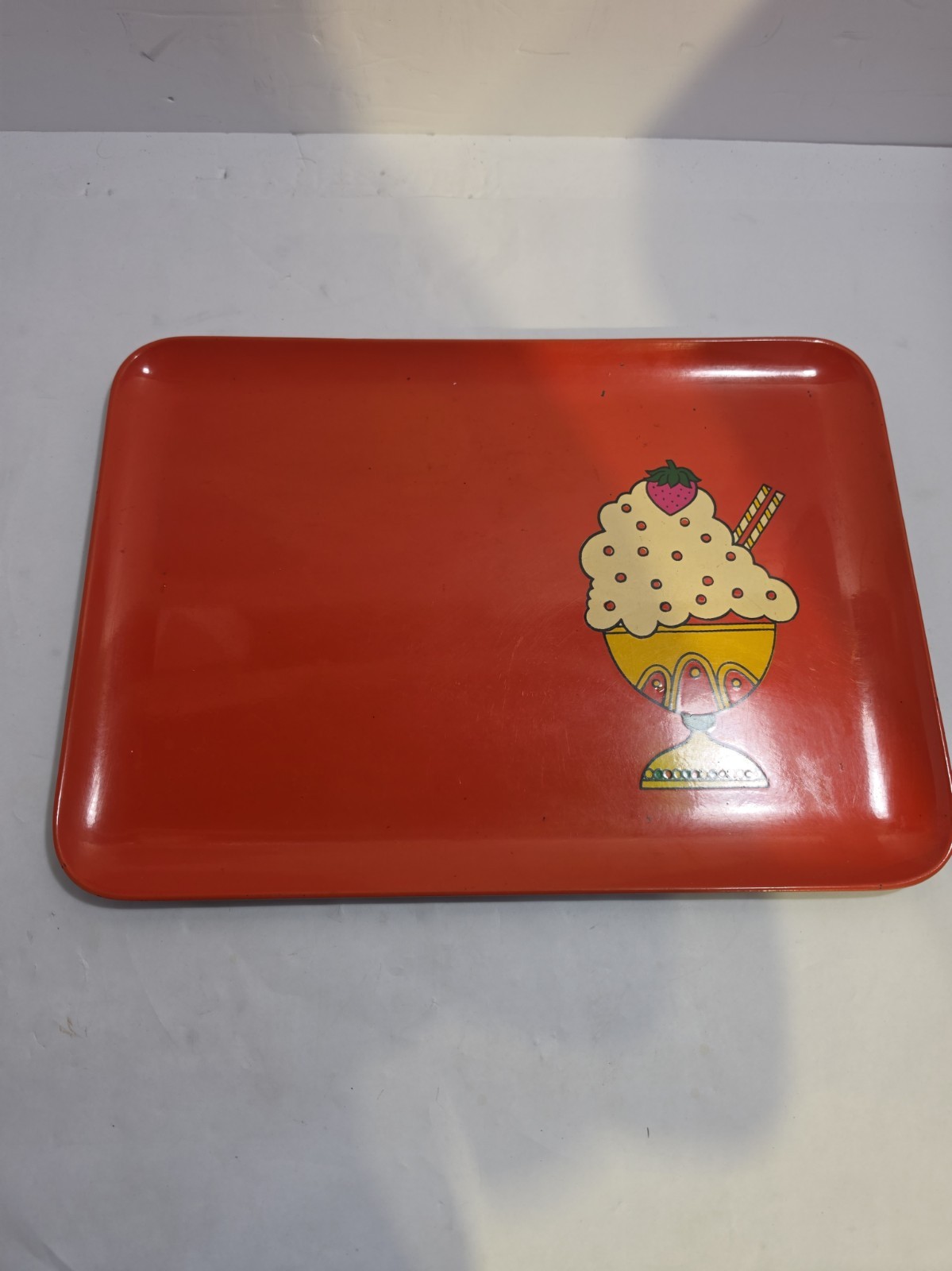 Vintage MCM Ice Cream Serving Tray Orange Glossy Strawberry Sundae Art Vintage MCM Ice Cream Serving Tray Orange Glossy Strawberry Sundae Art