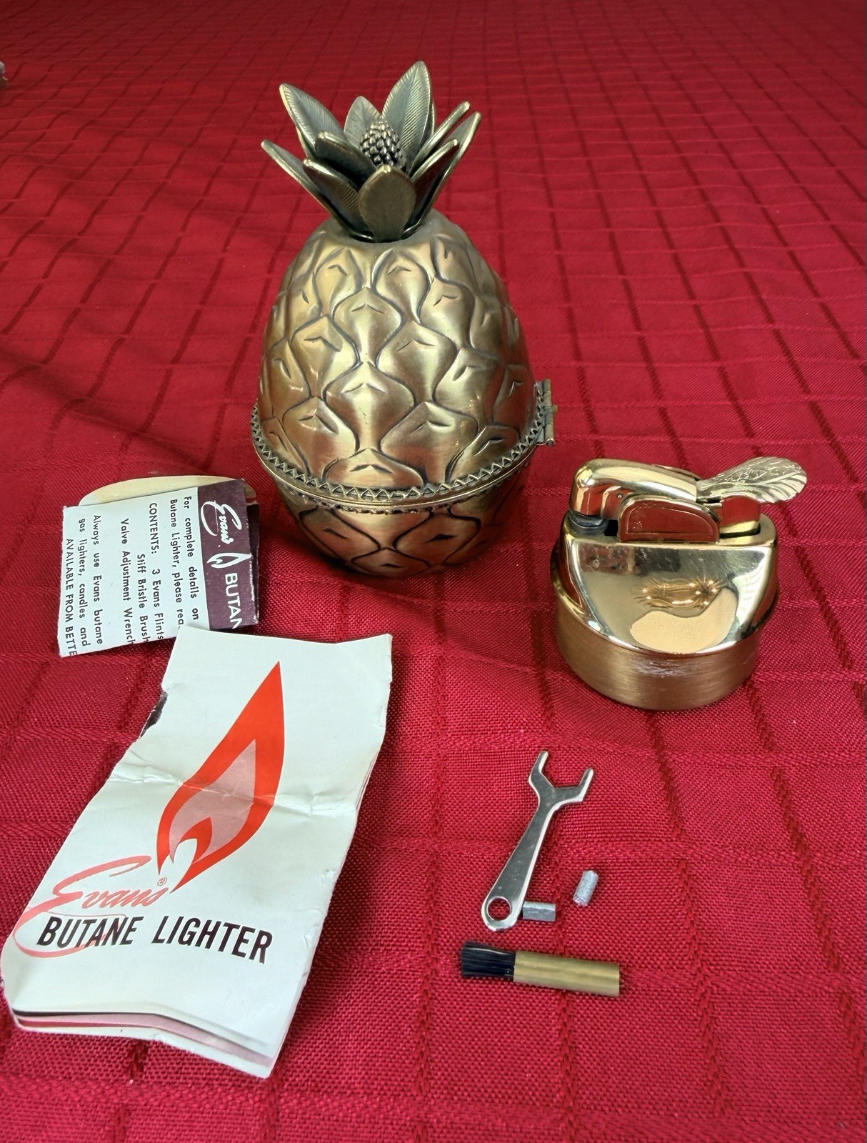 Vtg EVANS Brass Pineapple Table Lighter UNUSED New Old Stock Complete W/ Tools