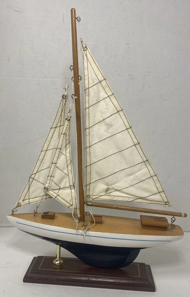 Wooden Ship Sailboat Model Display on Stand with White Sails Decor 14” Tall
