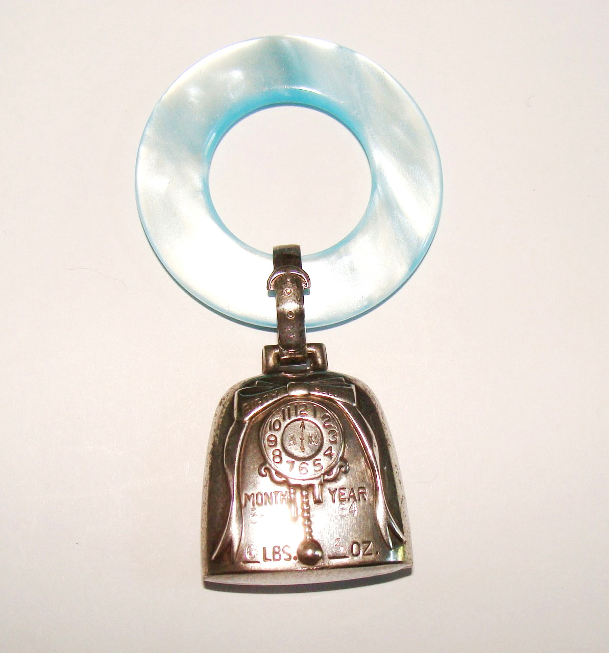 VTG Webster Sterling Silver & Blue Lucite Baby Rattle Teething Ring Birth Record