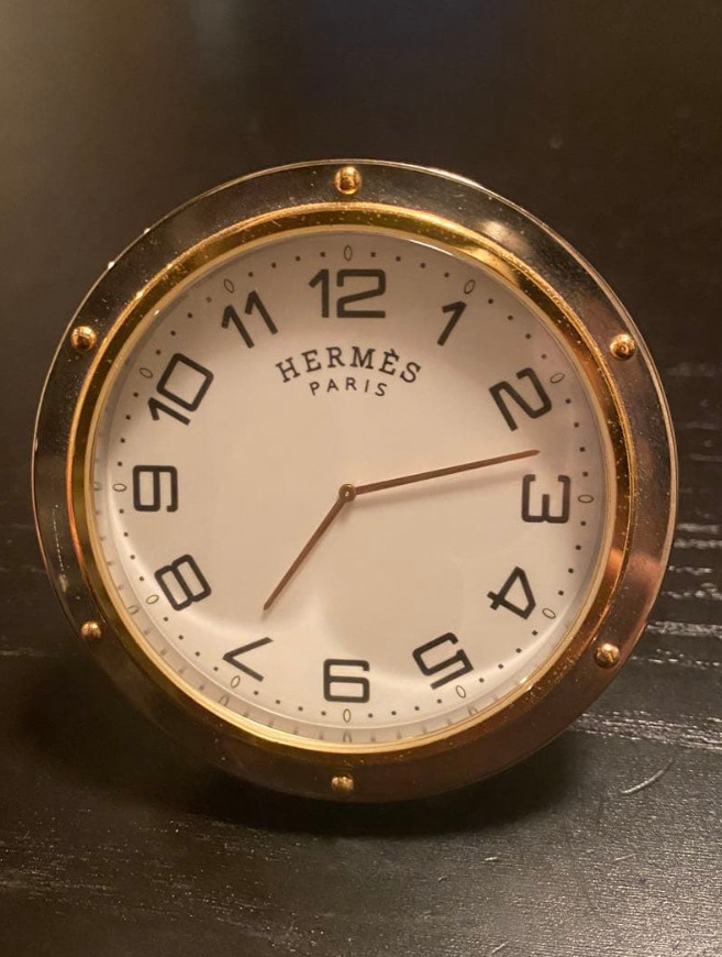 Hermès HERMES Paris Vintage Desk Clock Gilt Brass Round Arabic Numerals