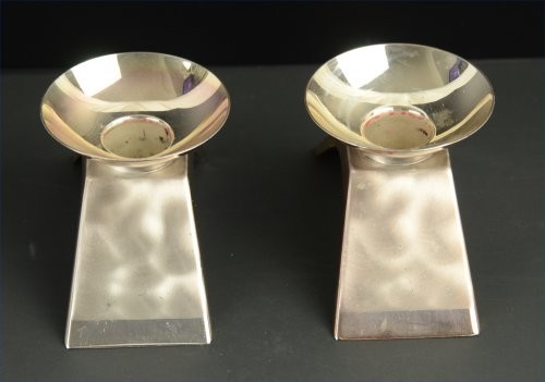 Vintage WMF Ikora Modernist Candlestick Holders Brushed Silver Germany