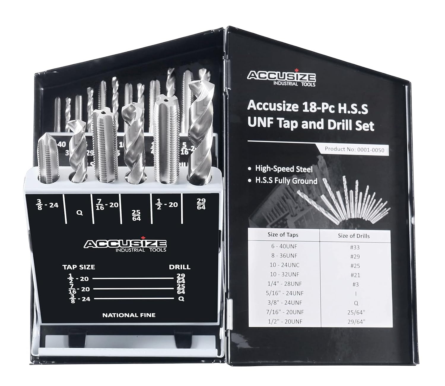 HSS Tap and Drill Set, UNF, 18 Pc, 0001-0050