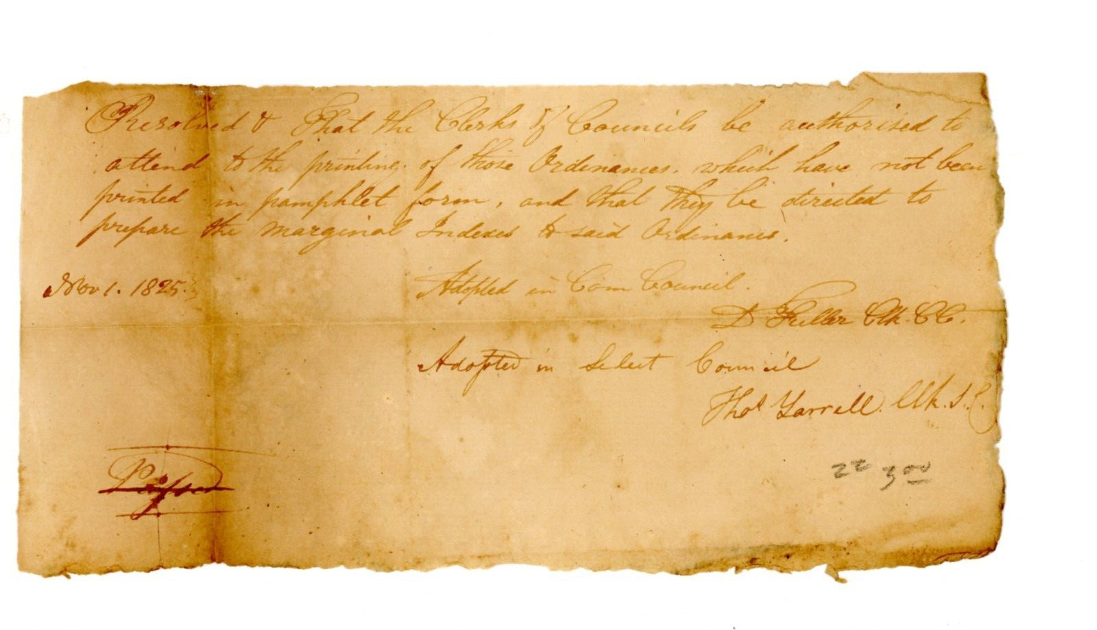 1825 Lancaster PA Printing Ordinance Document Signed D Fuller & Thomas Yarrell