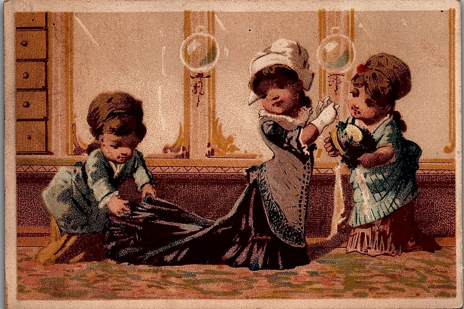1880s VICTORIAN CHILDREN AS ADULTS SEAMSTRESS HEMING DRESS TRADE CARD 25-237