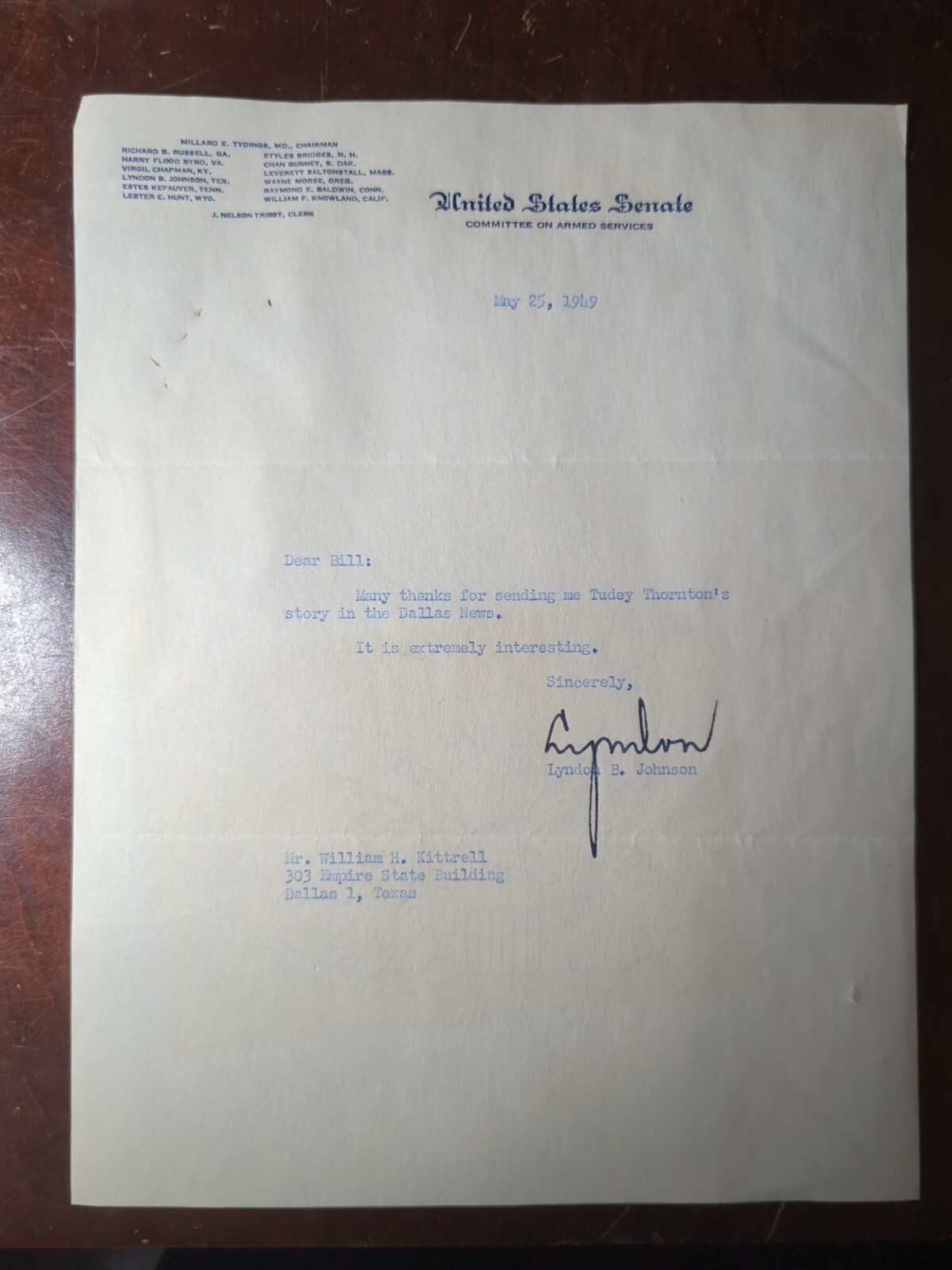 Lyndon B Johnson Signed Letter 1949 US Senator Autograph TLS Vintage LBJ COA