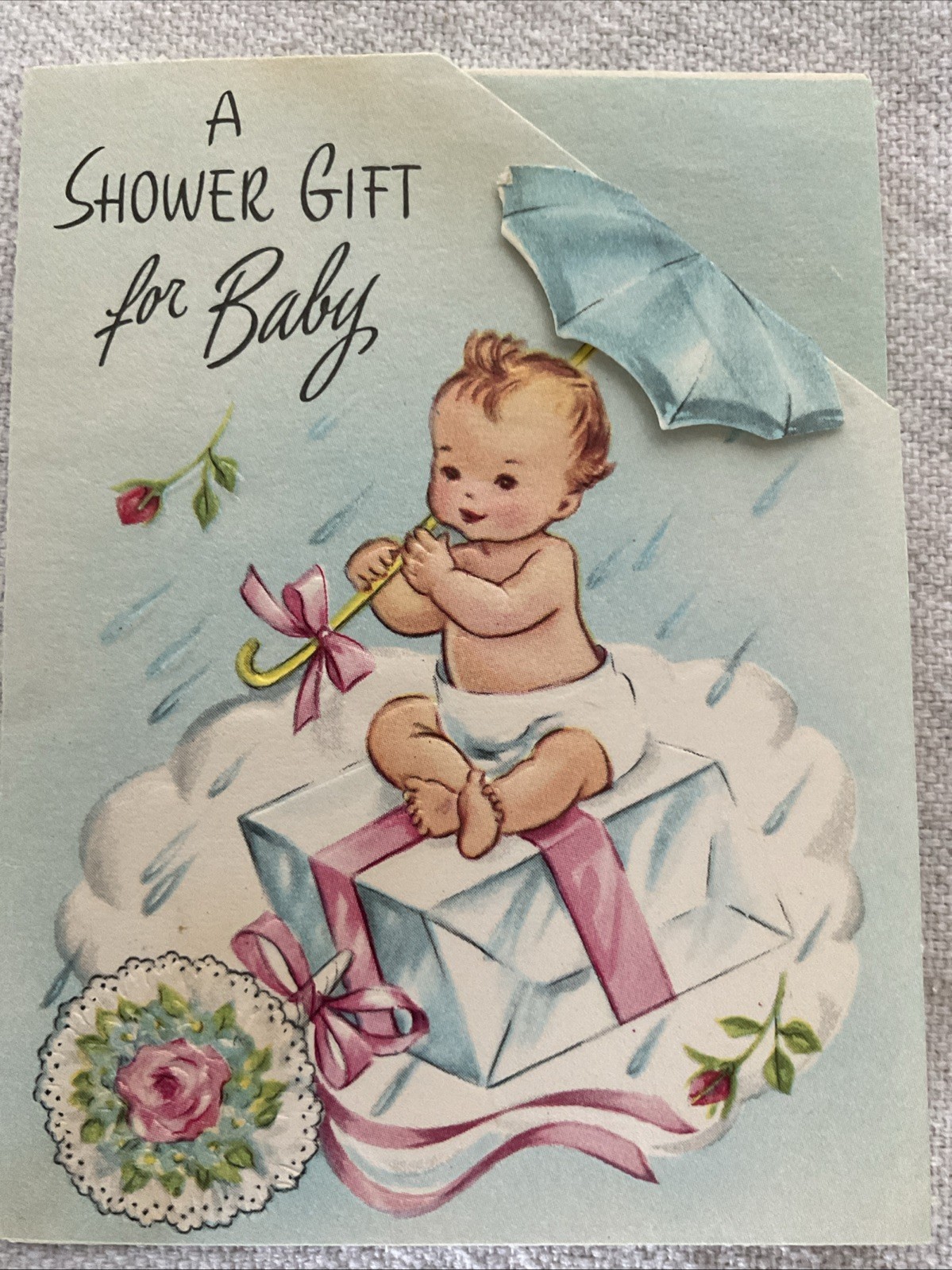 Vtg Baby Shower Greeting Card Adorable Baby Umbrella 1950’s Embossed Cute