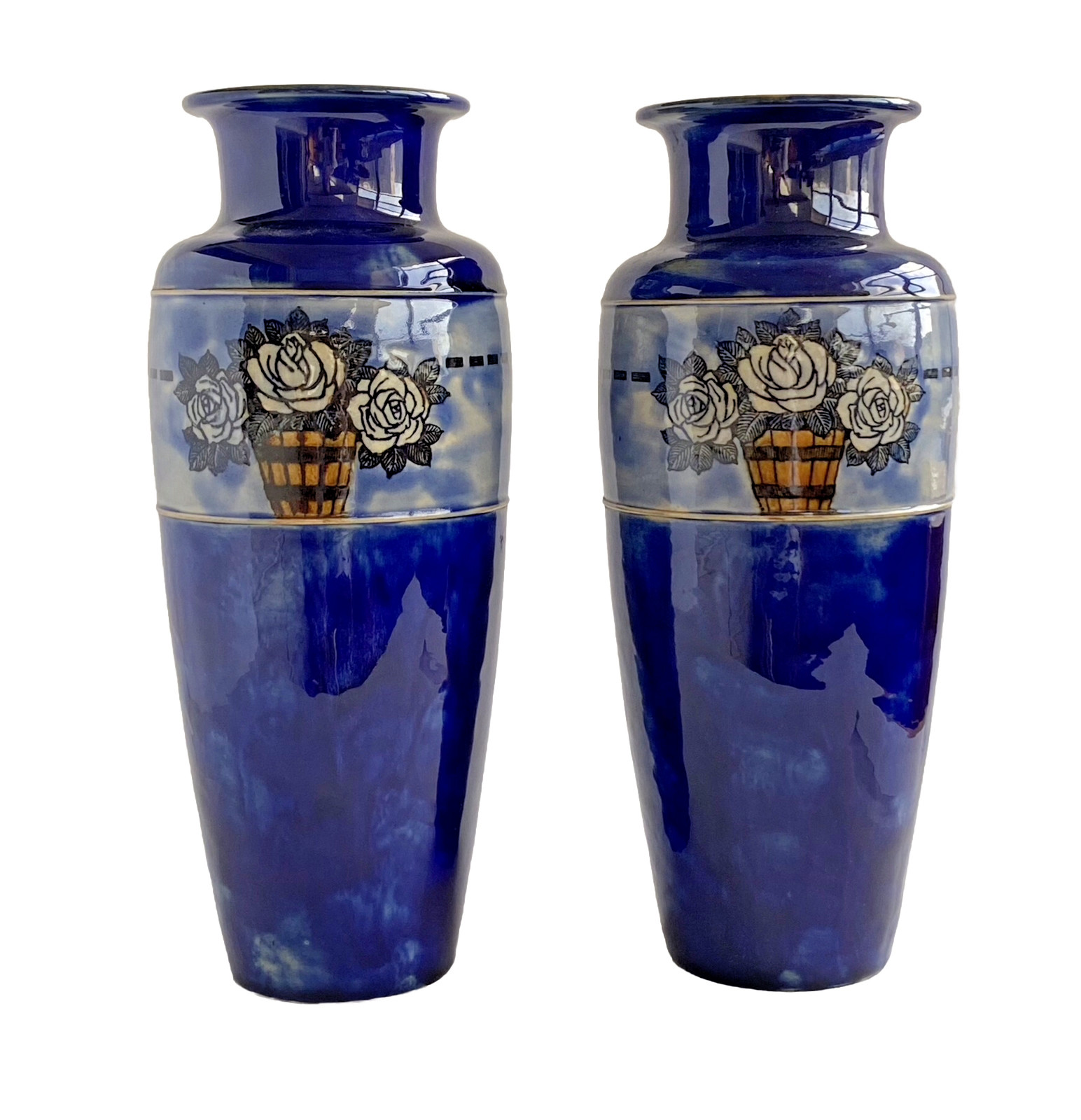 Royal Doulton  Lambeth Ware Blue Rose Design Vases 13.0” Tall 1920’s Vintage