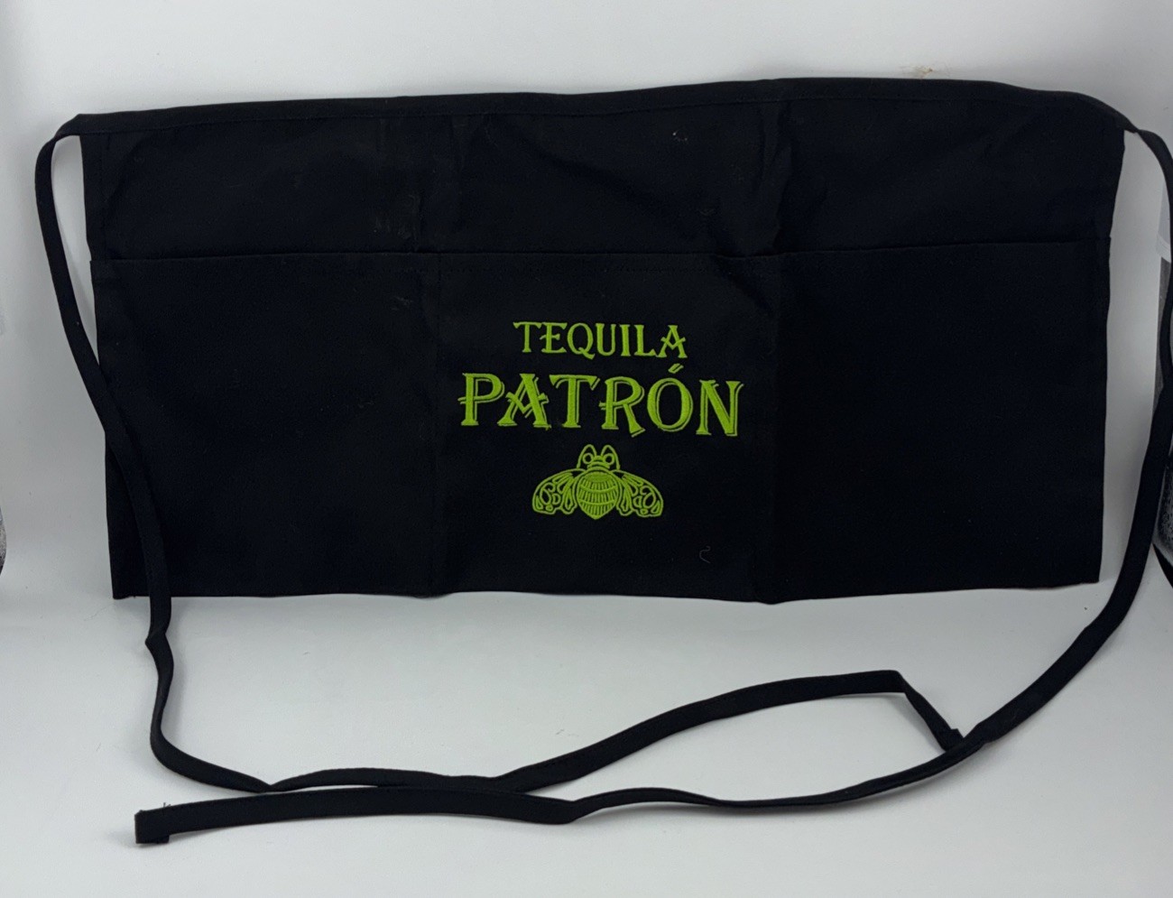 Patron Tequila Black Server Apron Embroidered Green Logo Waiter 3 Pocket Ties