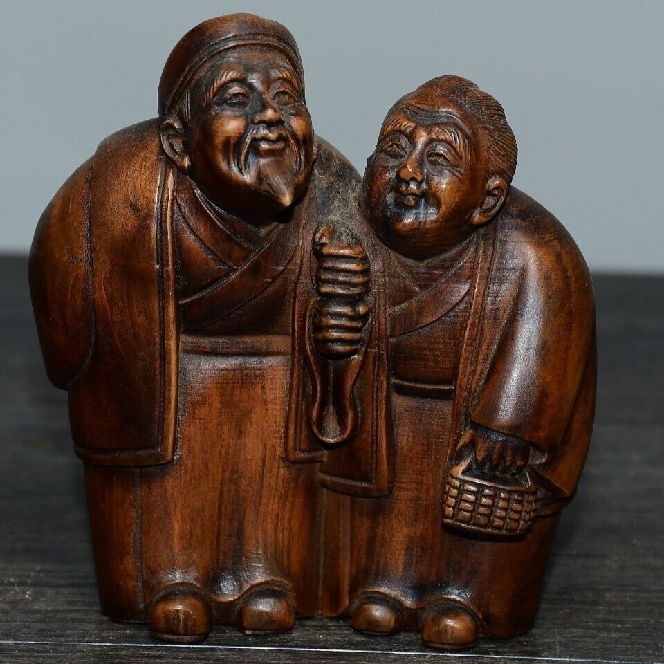 Couple sweet love together until old age hand carved wood Statue art Sculpture