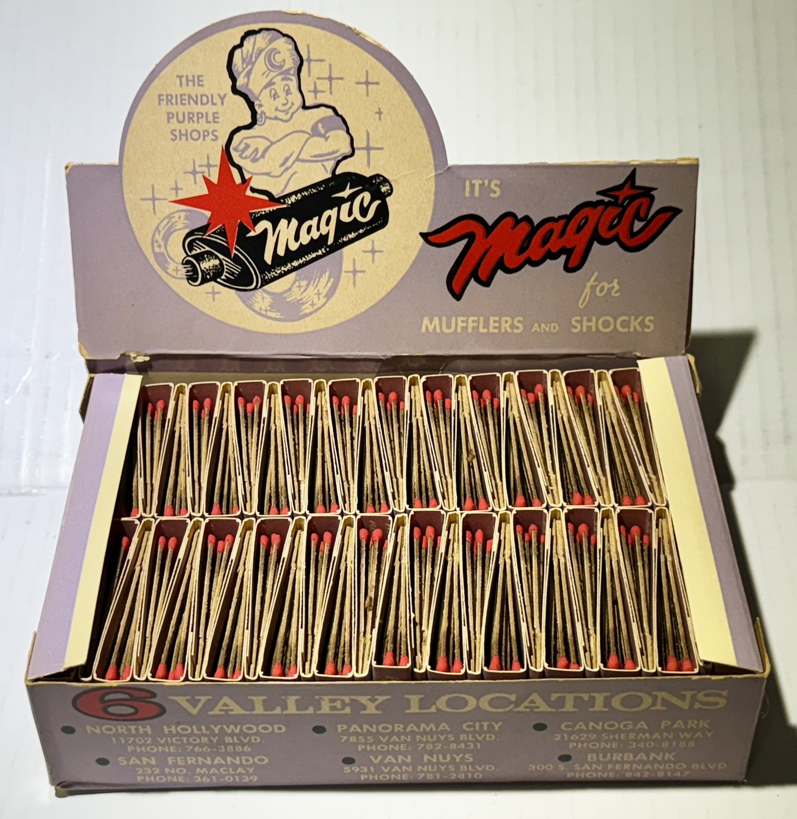 Vintage Magic Mufflers & Shocks Matchbook Display Box 50 Unused CA Advertising