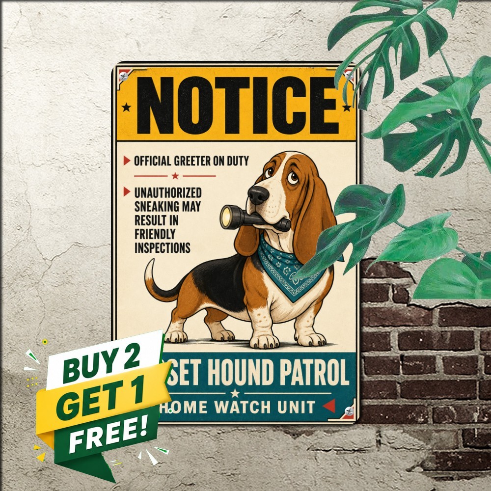 Basset Hound Security Area Tin Sign Funny Guard Dog Metal Wall Art Plaque