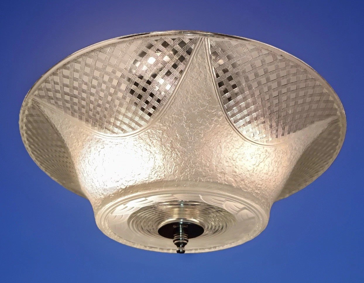 Vintage 1940s-1960s Art Deco Geometric Machine Age Glass Ceiling Light Fixture