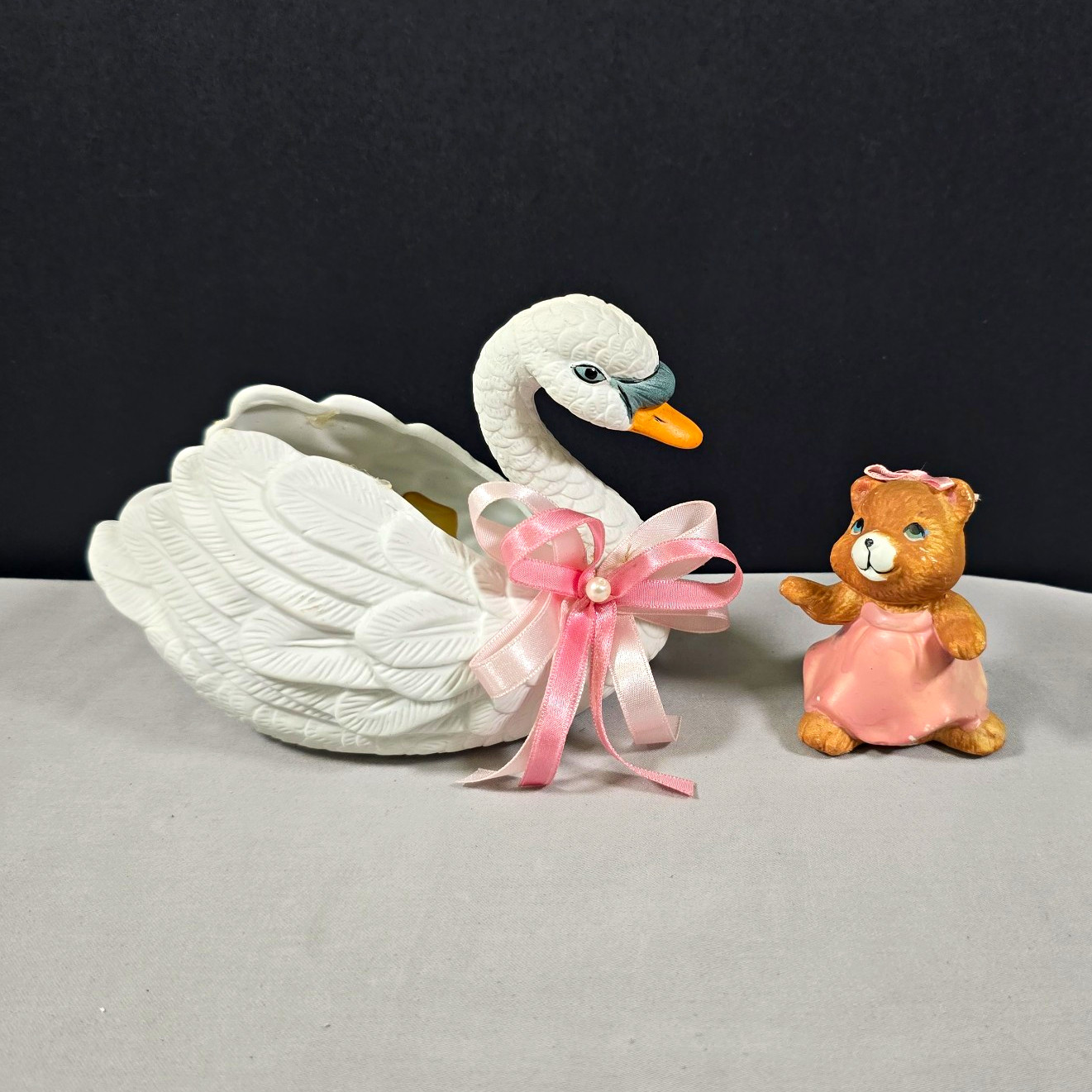 Vtg Pair Of 1990 Trippi Ceramic/Porcelain Swan And Bear Matching Satin Pink Bows