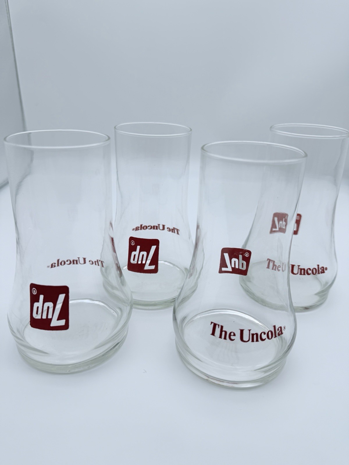 Vintage 7Up The Uncola Upside Down Glasses Set of 4 Red Lettering