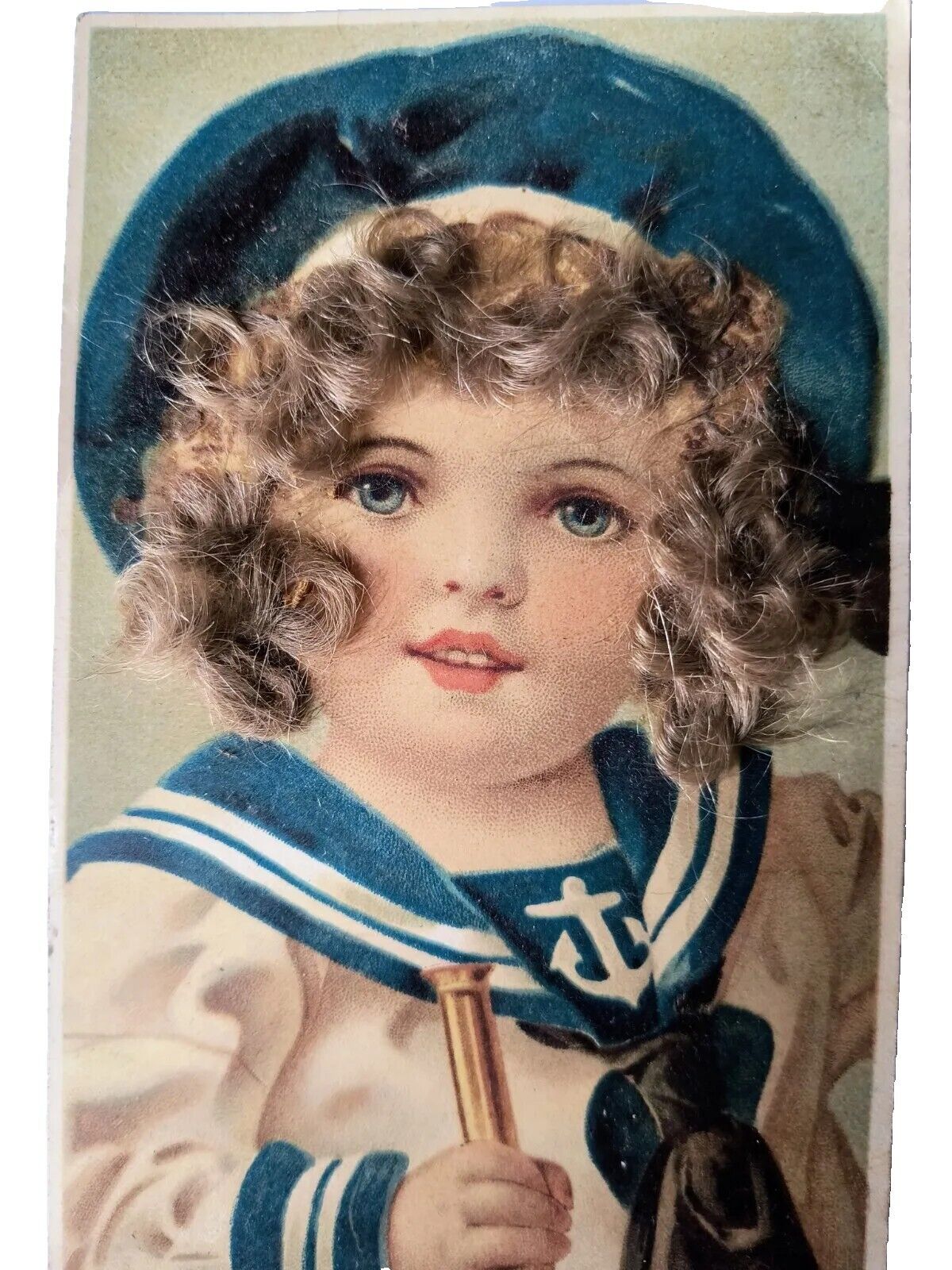 RARE Lovely Little Sailor Girl with Real Like Hair Vintage Postcard A1