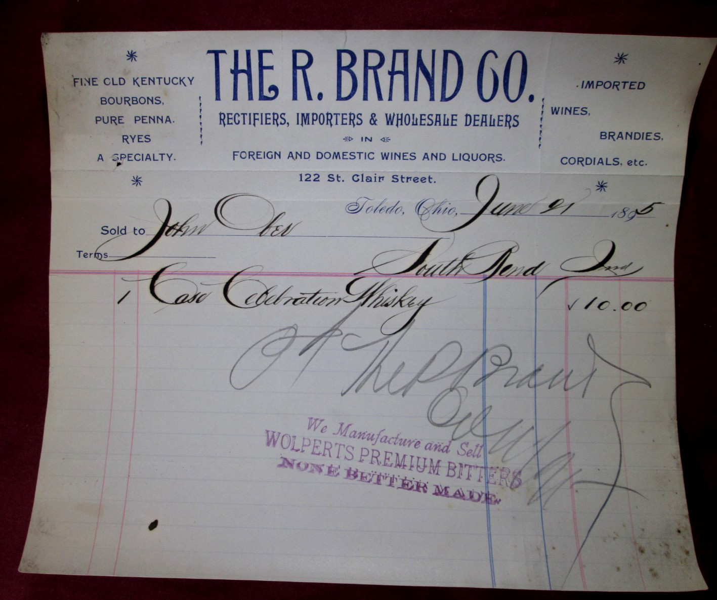 Vintage 1895 Invoice from The R. Brand Co. Toledo, Ohio Celebration Whiskey