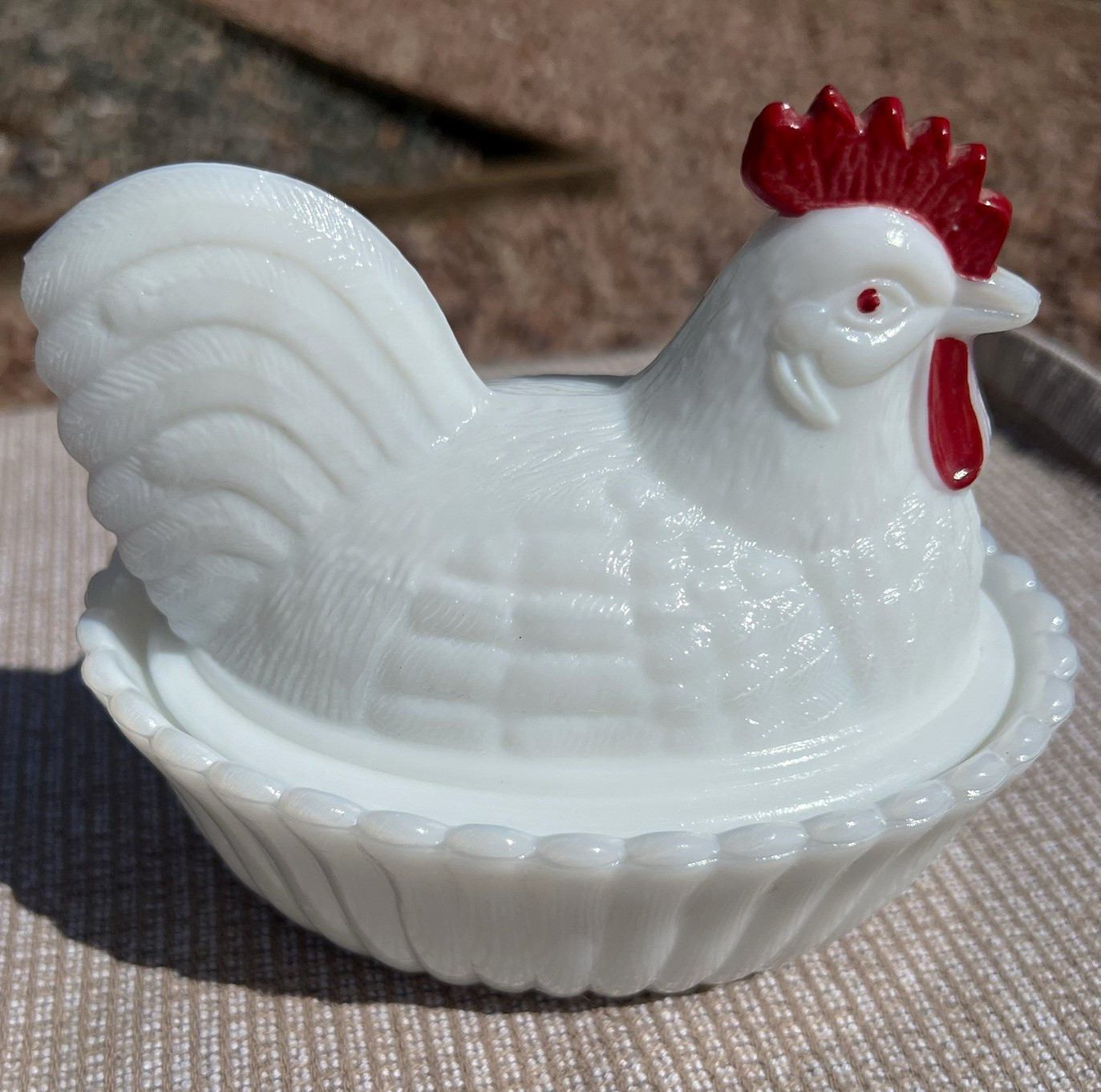 Vintage Westmoreland White Milk Glass Rooster Hen on Nest Dish - farmhouse decor