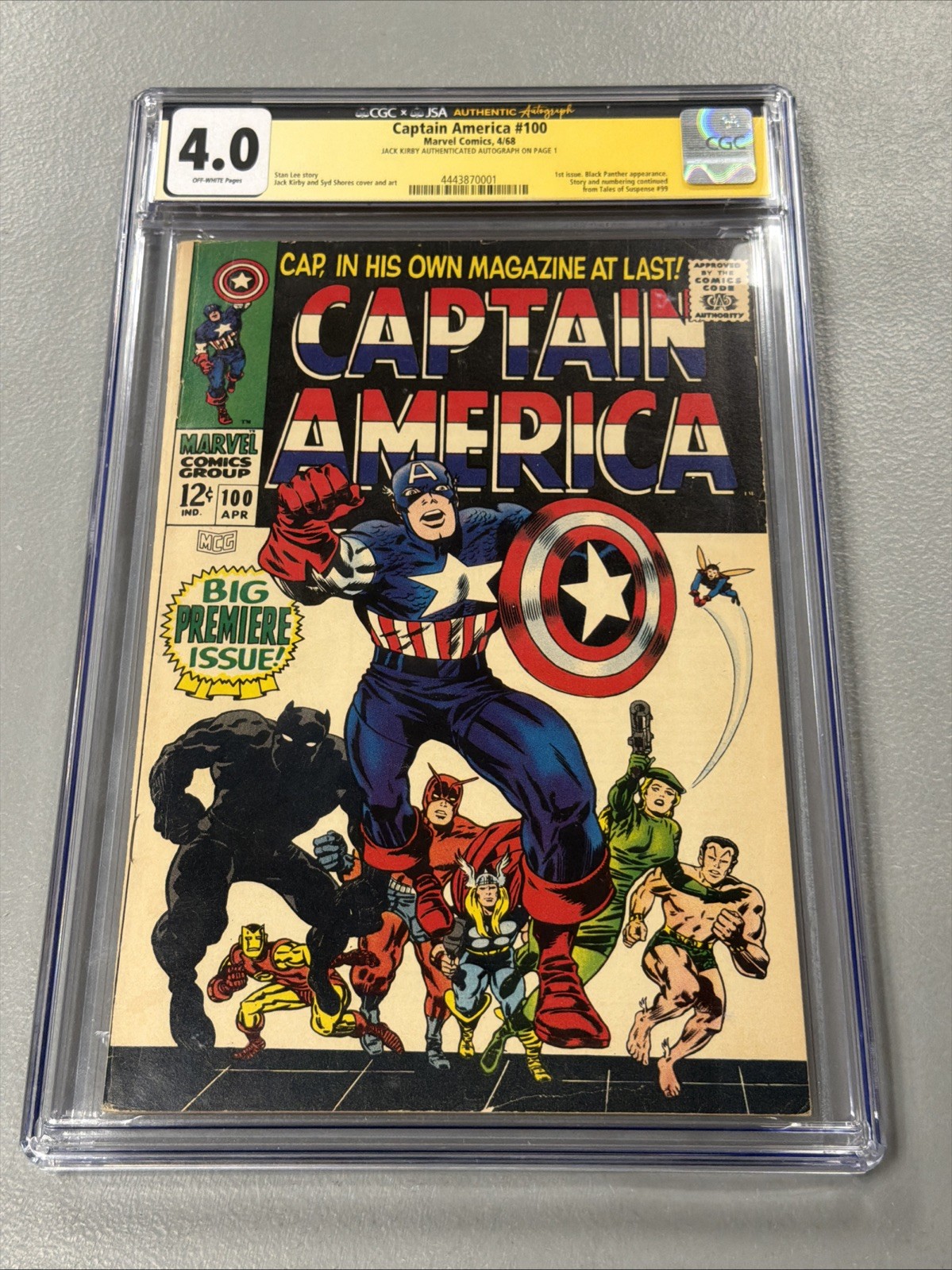 Captain America No. 100 CGC 4.0 1968 Big Premier Issue Signed Jack Kirby JSA