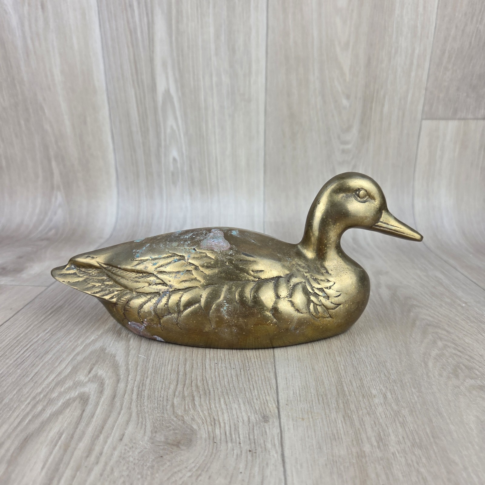 Vintage Brass Duck Figurine Patina MCM Mallard Cabin Lake House Cottage Decor