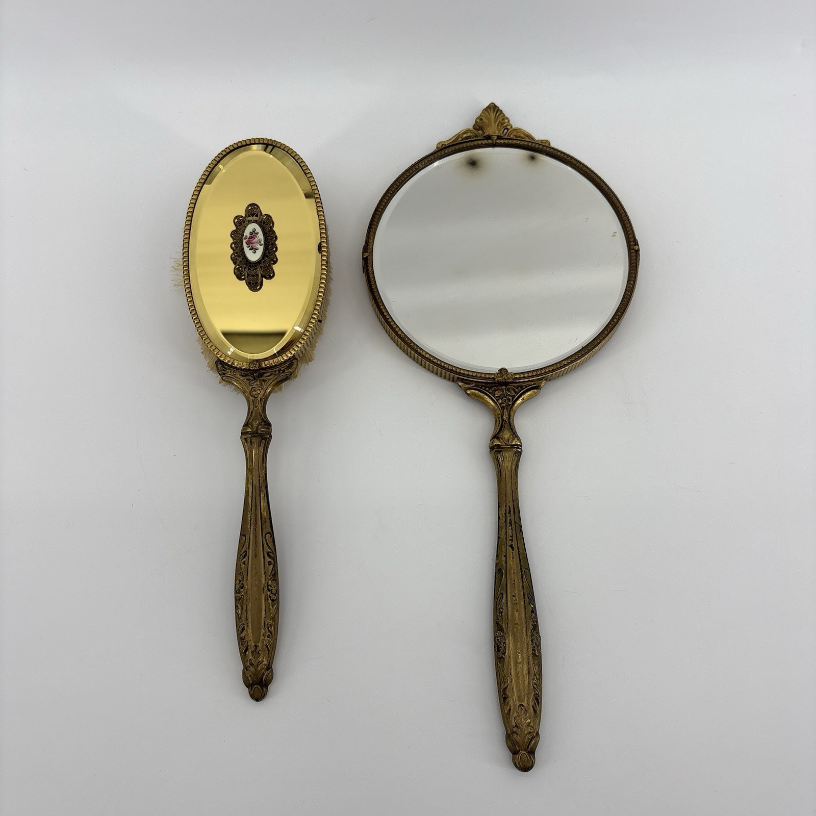 ANTIQUE VTG. LARGE BRASS HAIR BRUSH W/ HAND MIRROR FROM THE 1950\'S-1960\'S