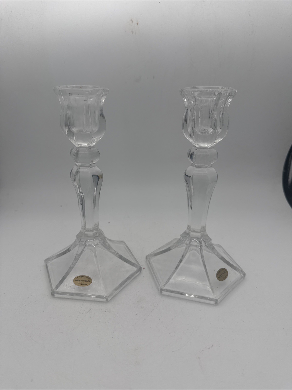 2 VTG Teleflora Tulip Fluted Candlestick Holders Made In France 7.5”