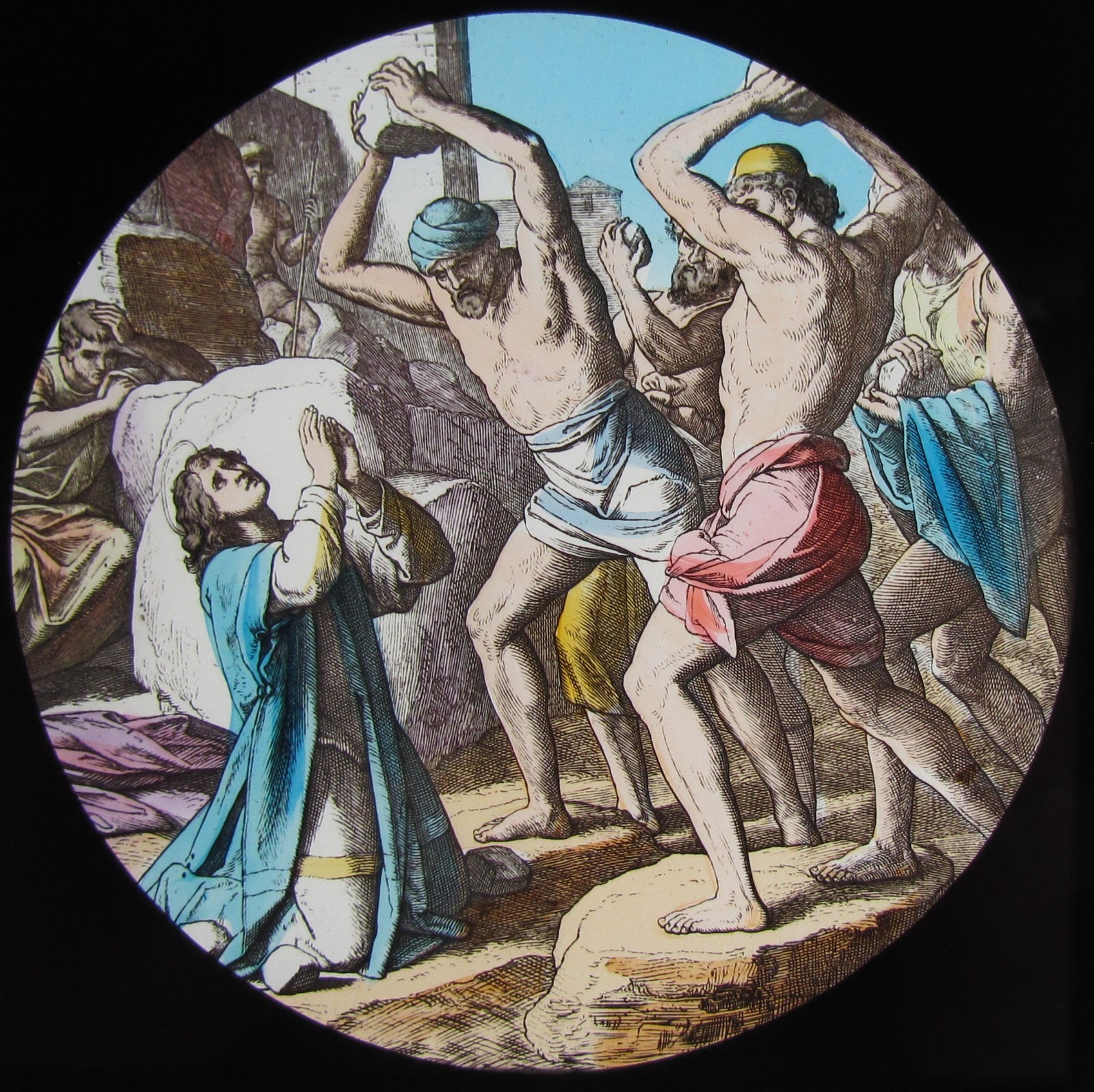 HAND COLOURED Glass Magic Lantern Slide A STONING C1890 RELIGIOUS DRAWING