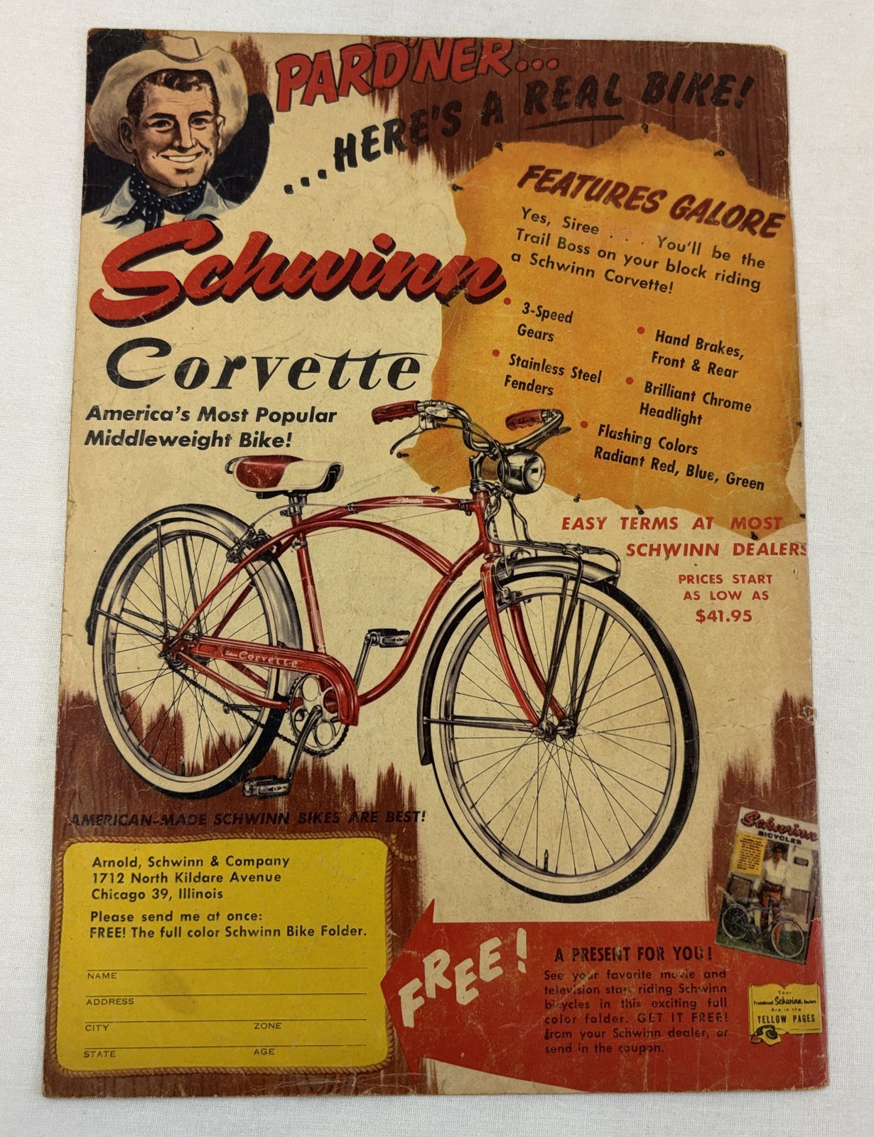 1957 Schwinn CORVETTE ad page ~ PARD'NER HERE'S A REAL BIKE