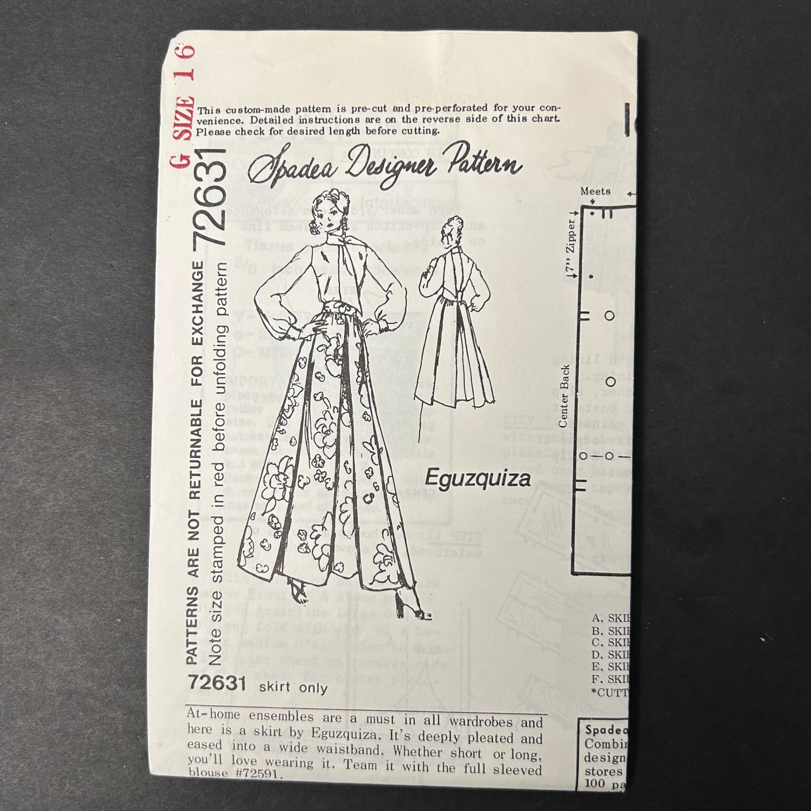 Vintage 70's Spadea Designer Pattern 72631 Eguzquiza Skirt Women Size 16