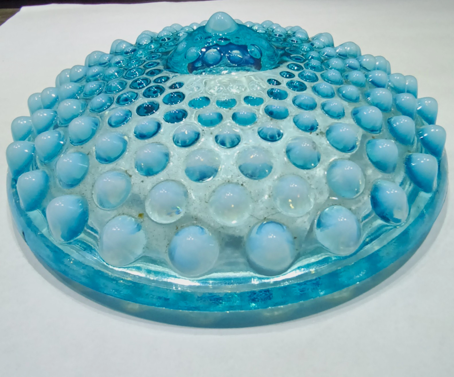 Vintage Fenton Blue Opalescent Hobnail Glass Powder Jar Lid Only 3.5\
