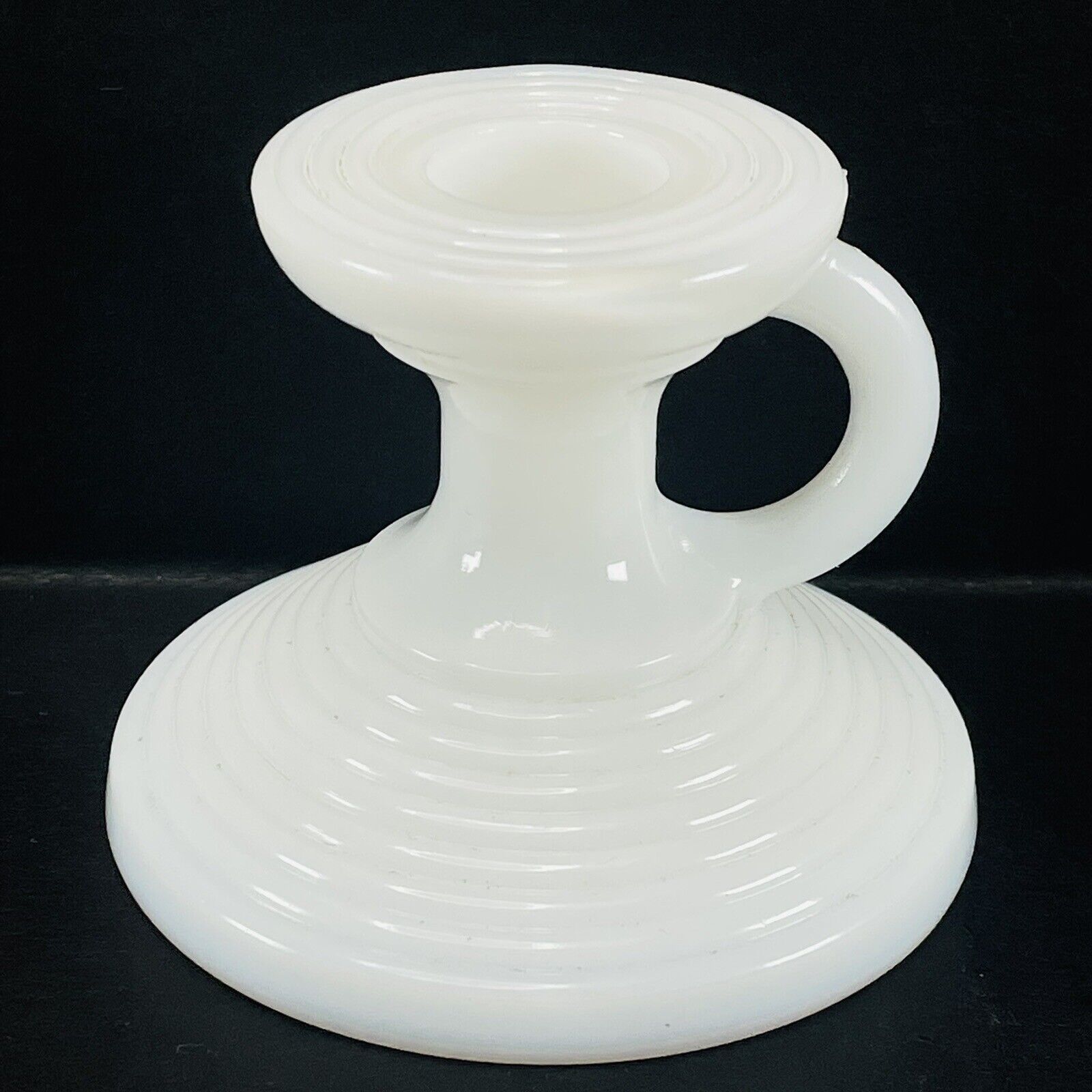 Vintage White Milk Glass Ribbed Chamberstick Taper Candle Holder Art Deco Style 