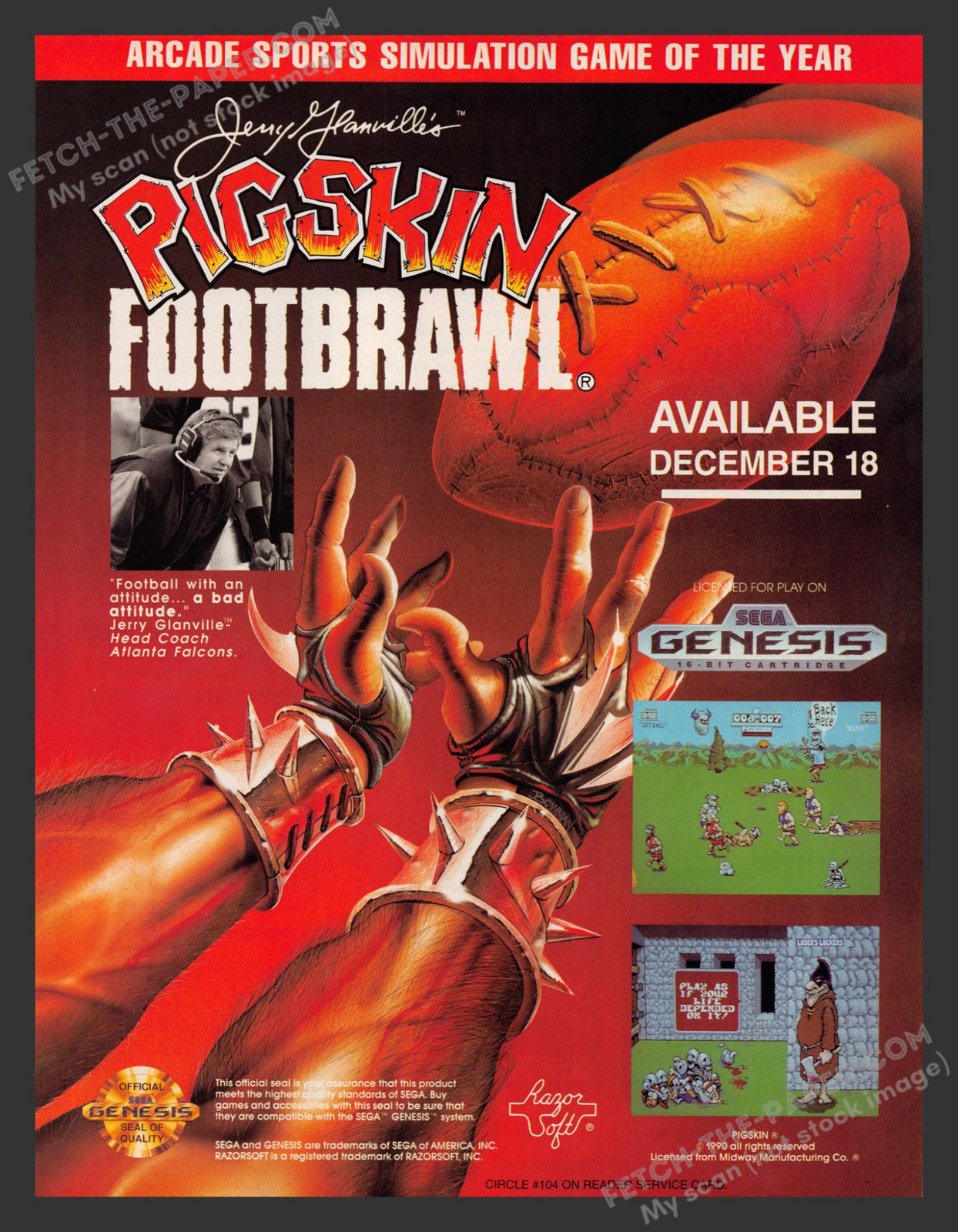 Pigskin Footbrawl Jerry Glanville Video Game 1990s Print Advertisement Ad 1990 Pigskin Footbrawl Jerry Glanville Video Game 1990s Print Advertisement Ad 1990