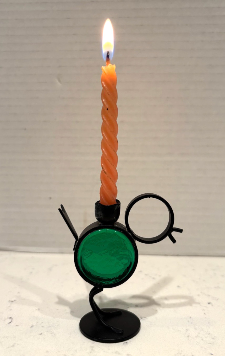 VTG. GUNNAR ANDER FOR YSTAD METALL IRON & GREEN GLASS BIRD CANDLE HLDR. SWEDEN A