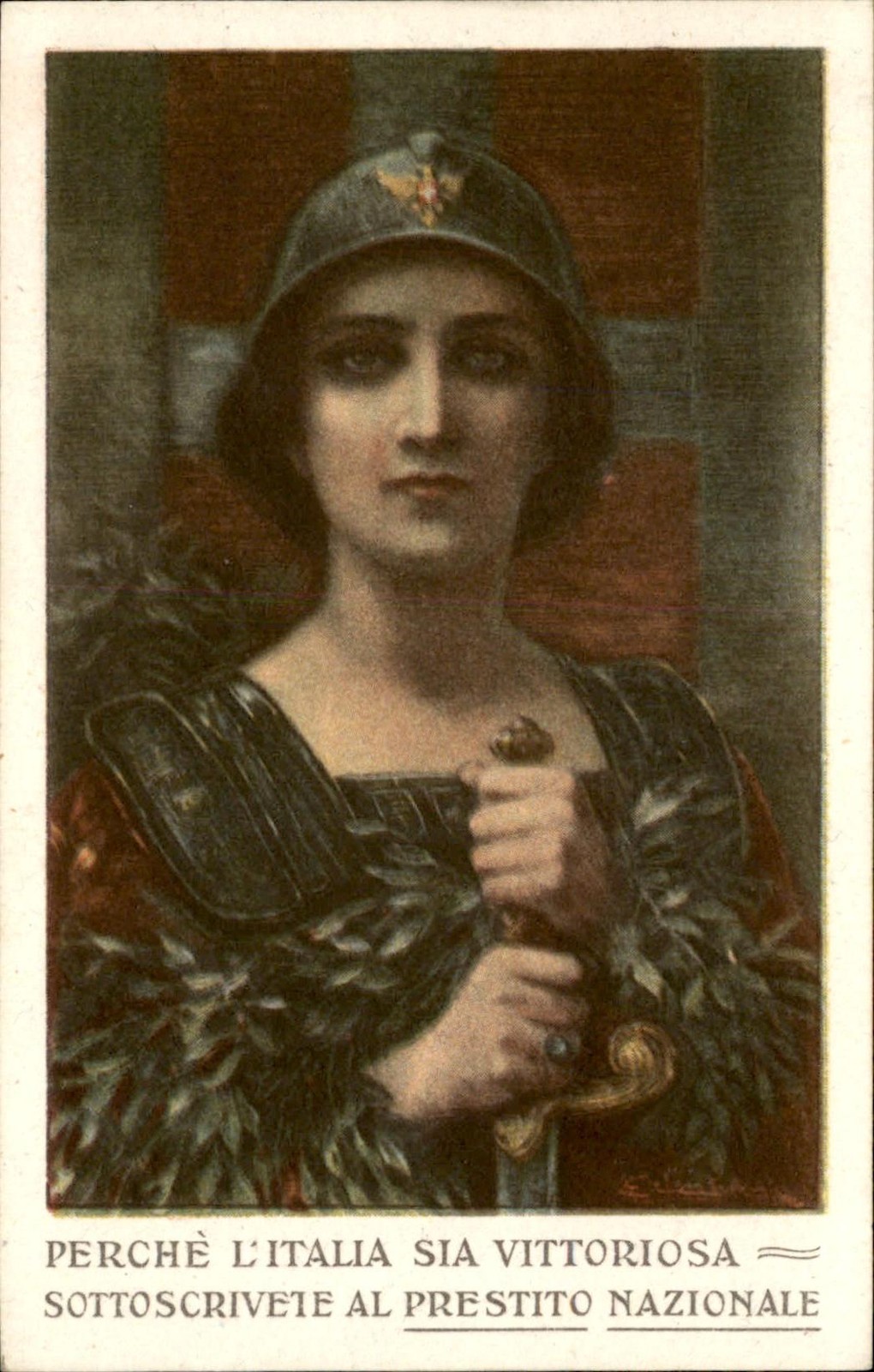 WWI War Loan Poster Art Beautiful Woman Sword Mauzan c1910s Vintage Postcard bhn