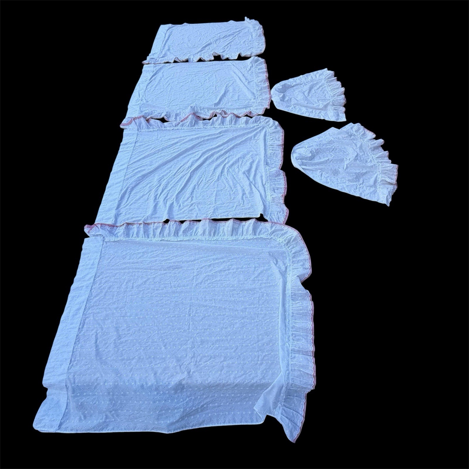 6 Pc Vtg Set JC Penney Priscilla Curtains White Eyelet Pink Trim Ruffles EUC