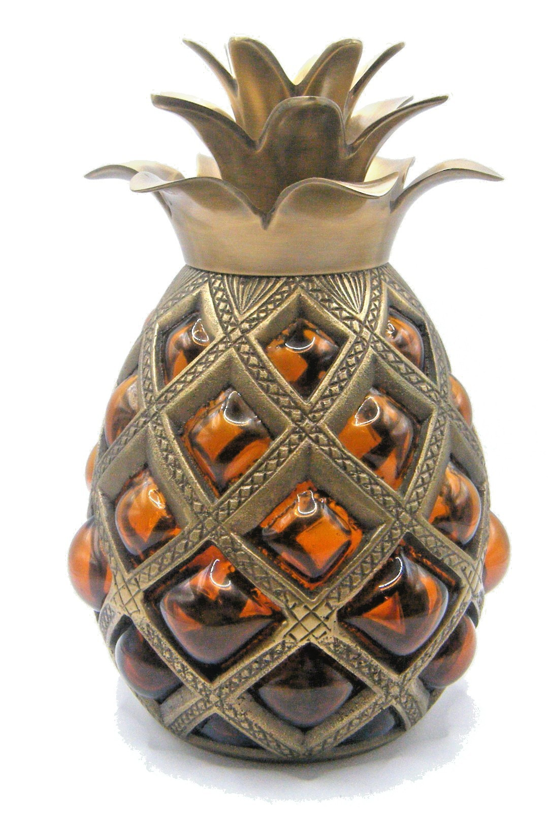 Vintage Hollywood Regency Metal and Amber Glass Pineapple Tiki Decor