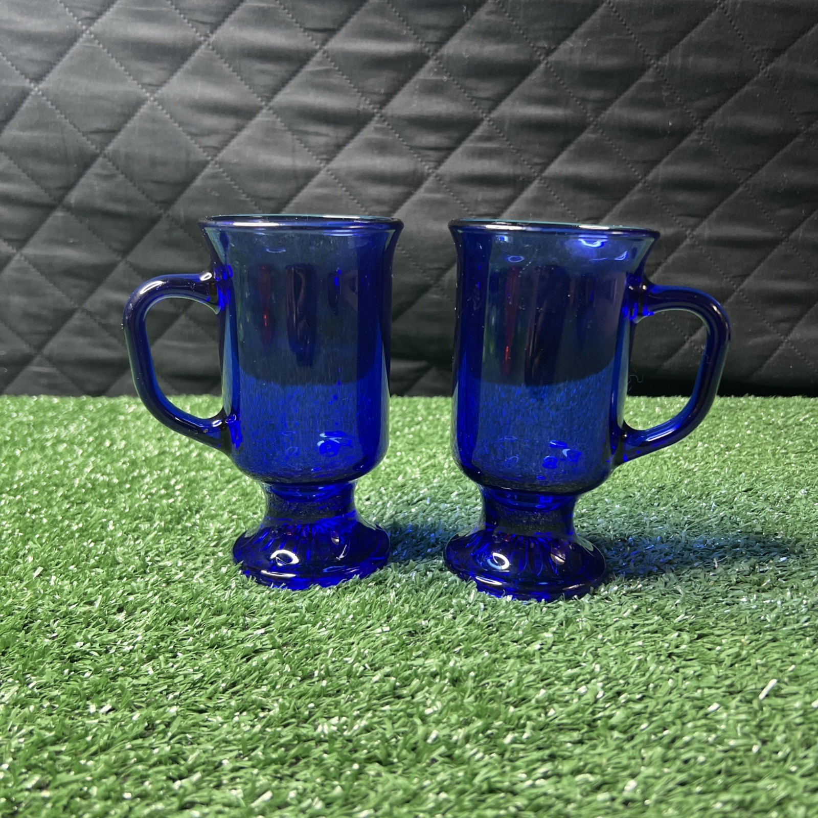 (2) Vintage Anchor Hocking Mug Cobalt Blue Glass Coffee Tea Footed Pedestal