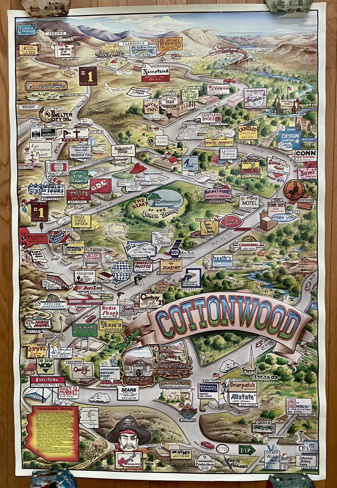 1980’s Rare Original Vintage Cottonwood AZ Cartoon Pictorial Travel Map Poster 