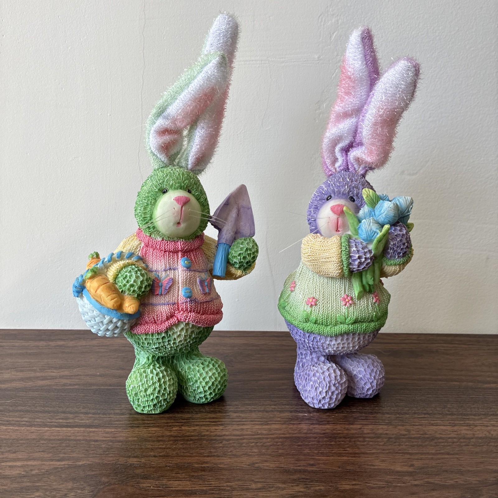 Two Gardener Bunny Rabbits Gardening Figure Figurines Adjustable Ears Easter